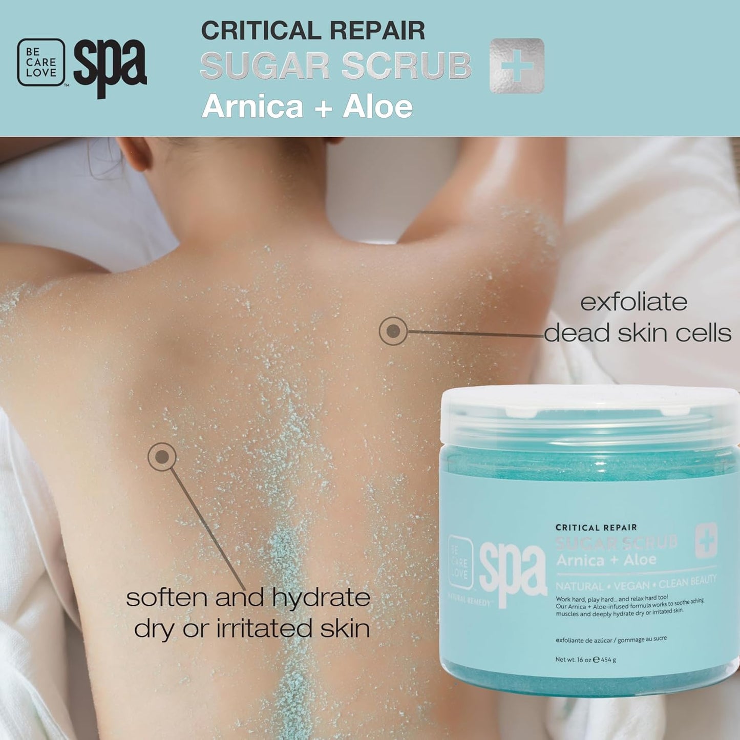 BCL Spa Critical Repair organic sugar scrub with Arnica and Aloe Vera, Hydrating & Exfoliating Body Scrub, Soothing & Nourishing organic botanical extracts & oils for hands, body, and foot spa, 16 oz
