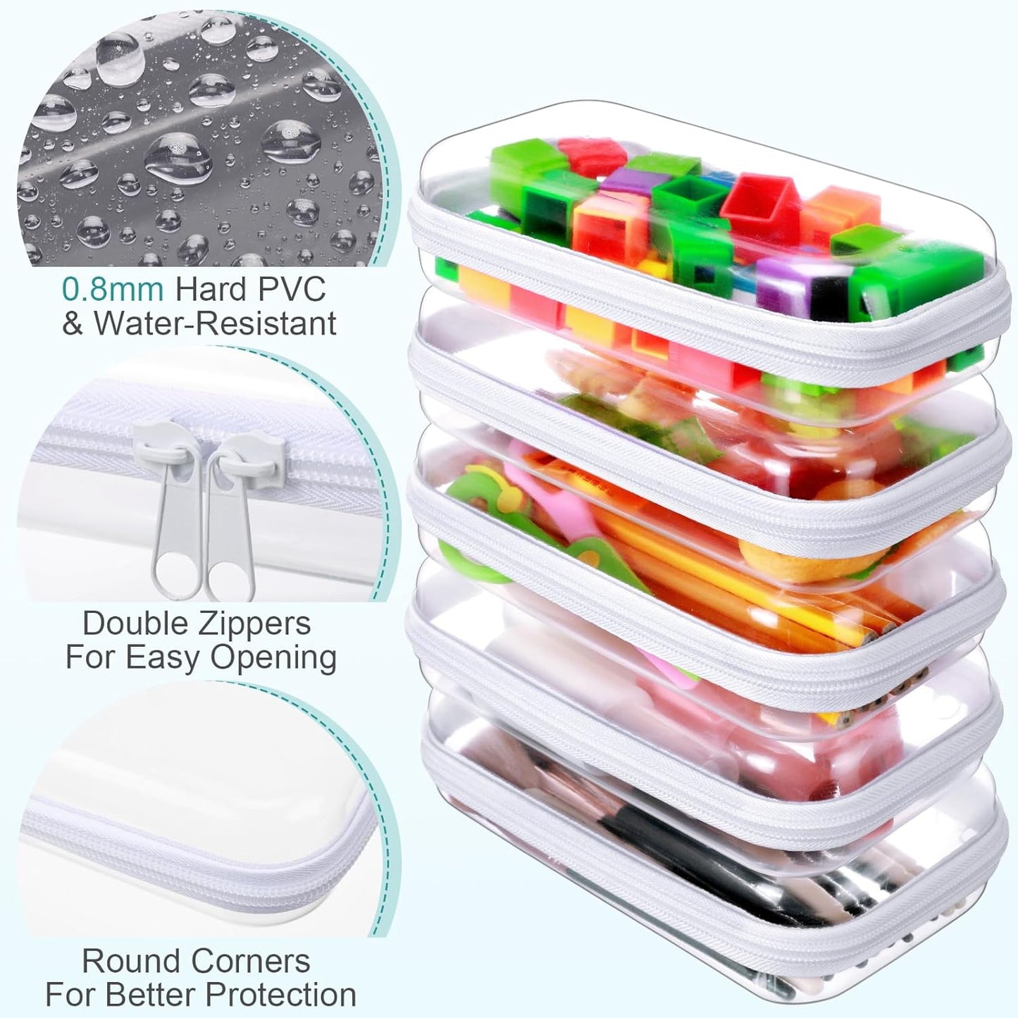 Sanwuta 6 Pcs Clear Hard Zipper Case Pencil Pouches Hard Plastic Zipper Pouches Makeup Bag Transparent Cases for Snacks Plastic Storage Organizer Box for Travel(White,7.48 x 3.94 x 2 Inch)