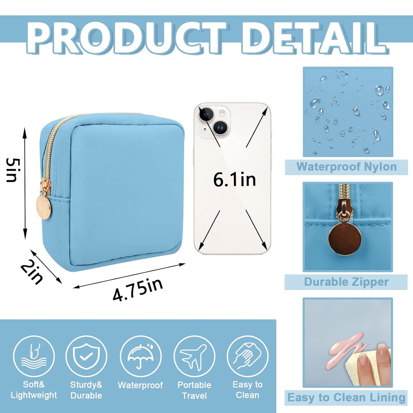 Mini Makeup Pouch for Purse, Small Cosmetic Bag Pouch Nylon Travel Toiletry Organizers Bag for Women Girls, Cute Zipper Coin Purse Preppy Storage Purse for School Work(Mini-Periwinkle)