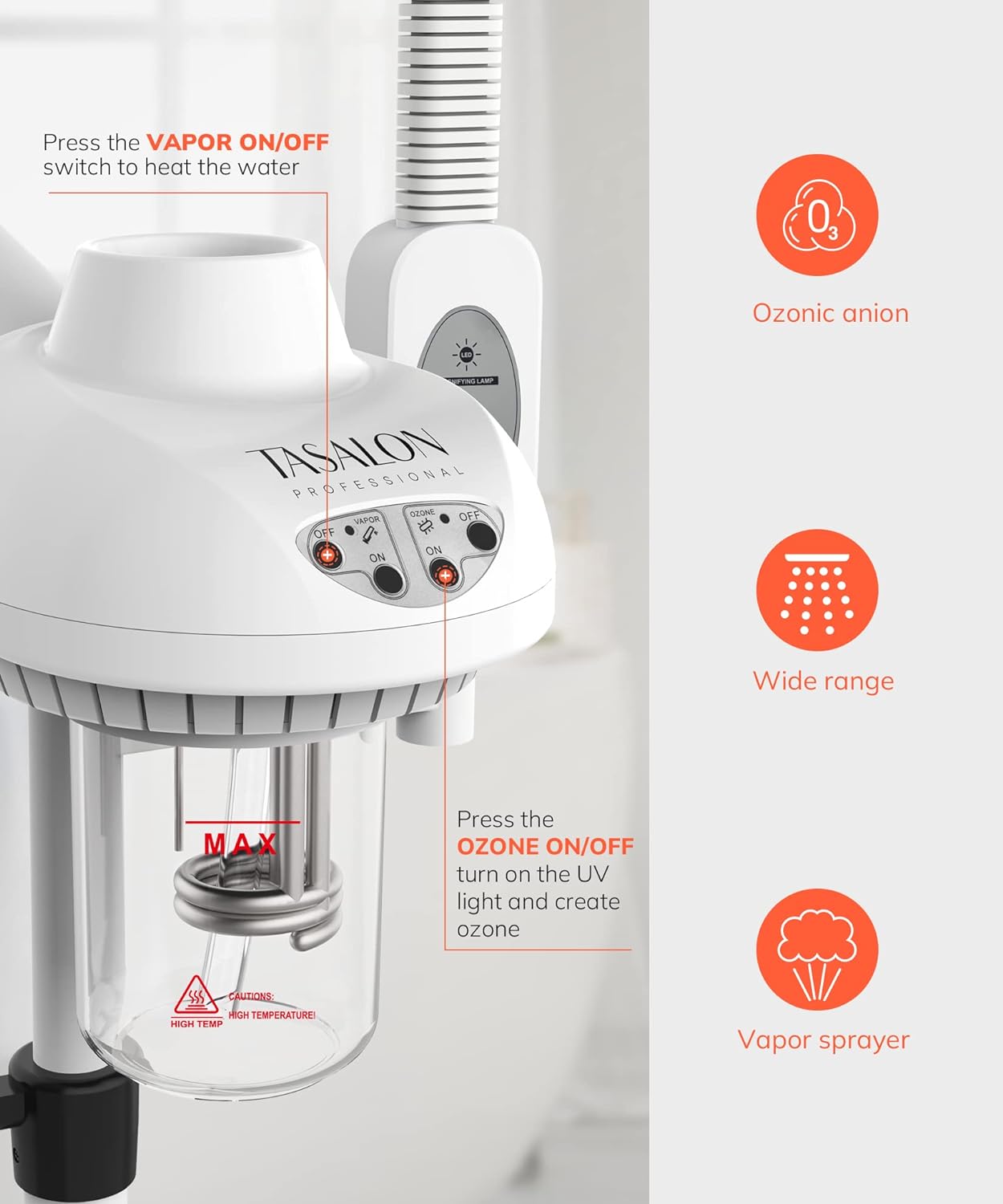 TASALON Professional 2 in 1 Facial Steamer With 5X Magnifying Foldable Arm, Ozone Mist Steamer for Face, Salon Spa Beauty Skin Care Equipment