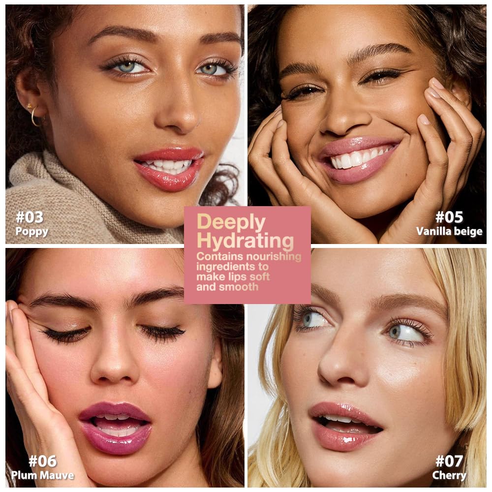 4Pcs Tinted Lip Balm Serum Makeup, Squeeze Hydrating Tint Lips Balms Serum Cosmetic, Women Care Glossy Nourishing Plumping Lip Stain Gloss Lipstick Suitable for dry lips, Set02(#3+#5+#6+#7)