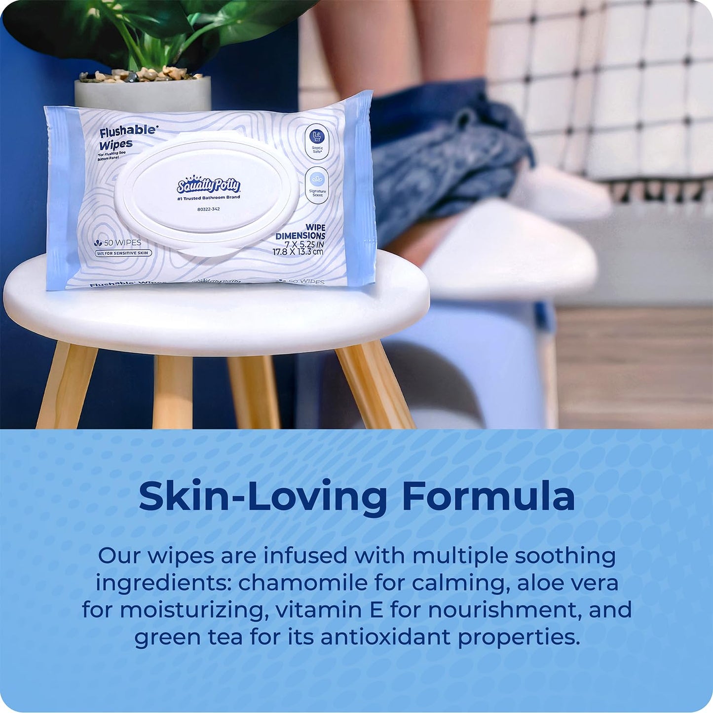 Squatty Potty Flushable Wipes - 6 Pack (300 Total Wipes) - 99% Water & Plant-Based - Green Tea, Cucumber & Aloe Spa Scent - pH Balanced - Septic Safe Adult Wet Wipes