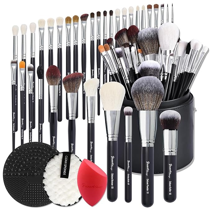 Bueart Design Pro makeup Artist 34Pcs Deluxe Real Goat Hair Horse hair Makeup Brushes Set with extra Large Holder High End Professional labeled makeup brush set with natural Pony Hair