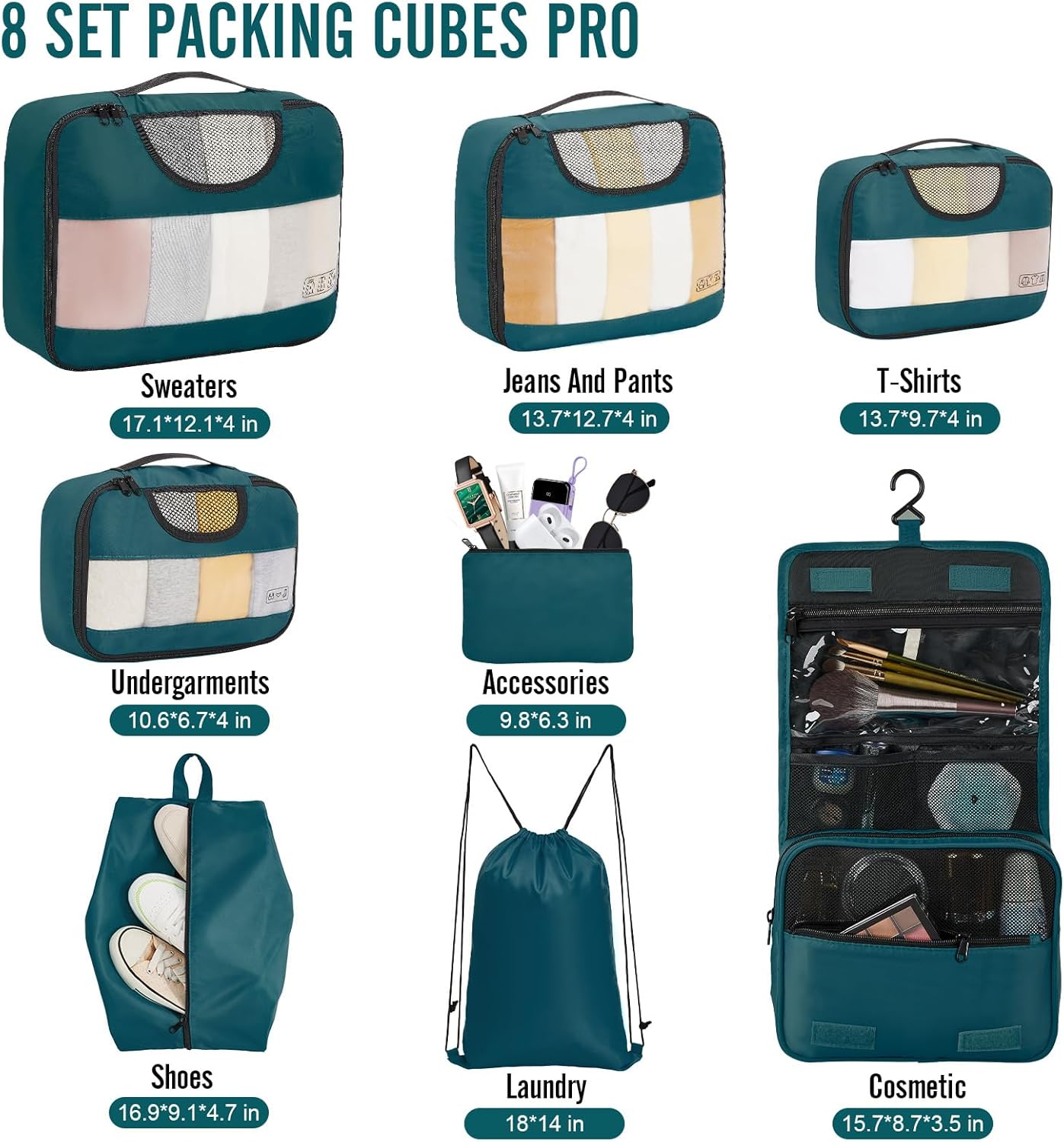 Veken 8 Set Packing Cubes for Travel Essentials, Suitcase Organizer Bags in 4 Sizes, Carry-On Luggage Accessories with Large Laundry & Hanging Toiletry Bag, Must-Have for Airplane, Road Trip & Camping