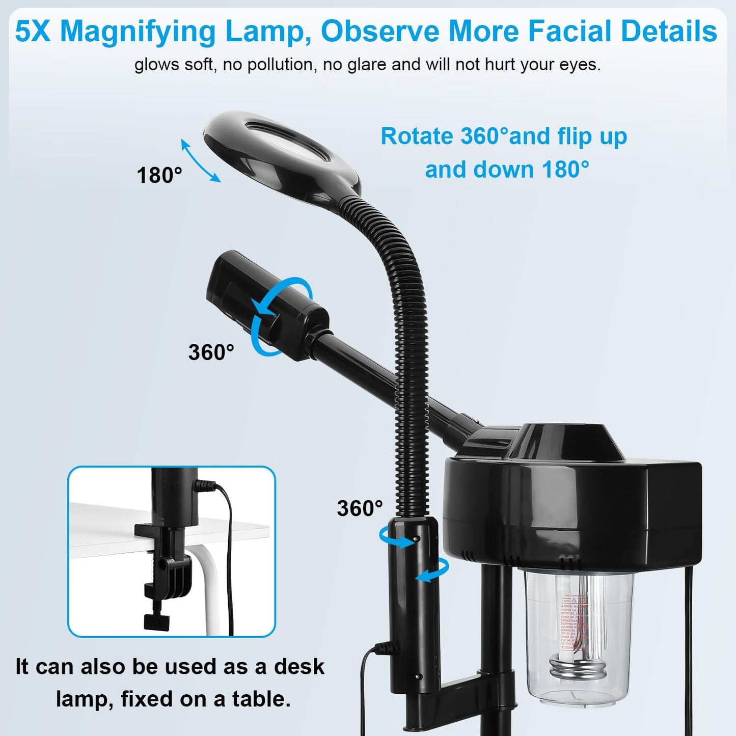 2 in 1 Facial Steamer Professional Ionic Face Steamer with 5X Magnifying Lamp&Adjustable Hot Mist Nozzle, Esthetician Facial Steamer Salon Spa Beauty Skin Care Equipment