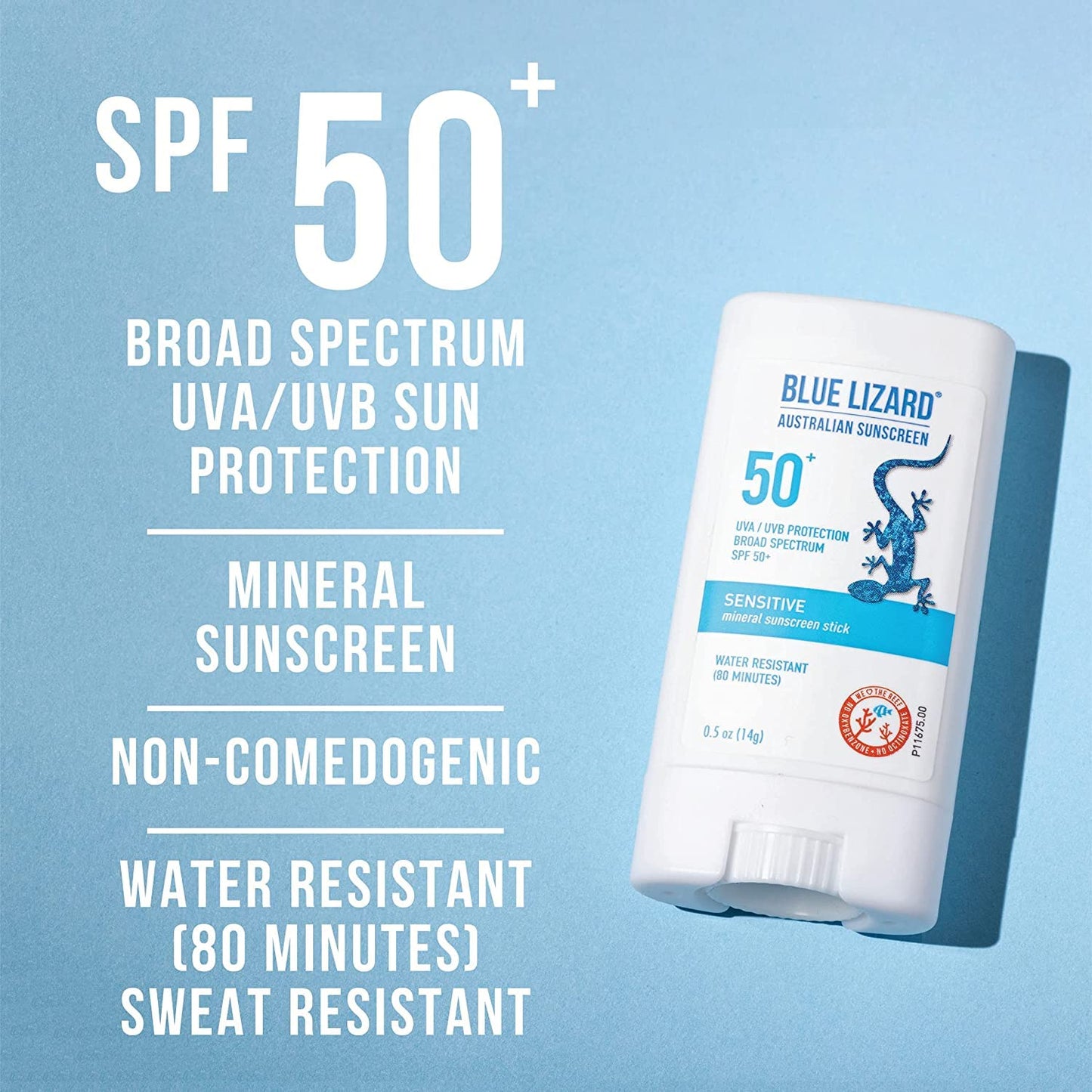 BLUE LIZARD Sensitive Mineral Sunscreen Stick with Zinc Oxide, SPF 50+, Water Resistant, UVA UVB Protection Easy to Apply, Fragrance Free, 0.5 Oz (Pack of 2)