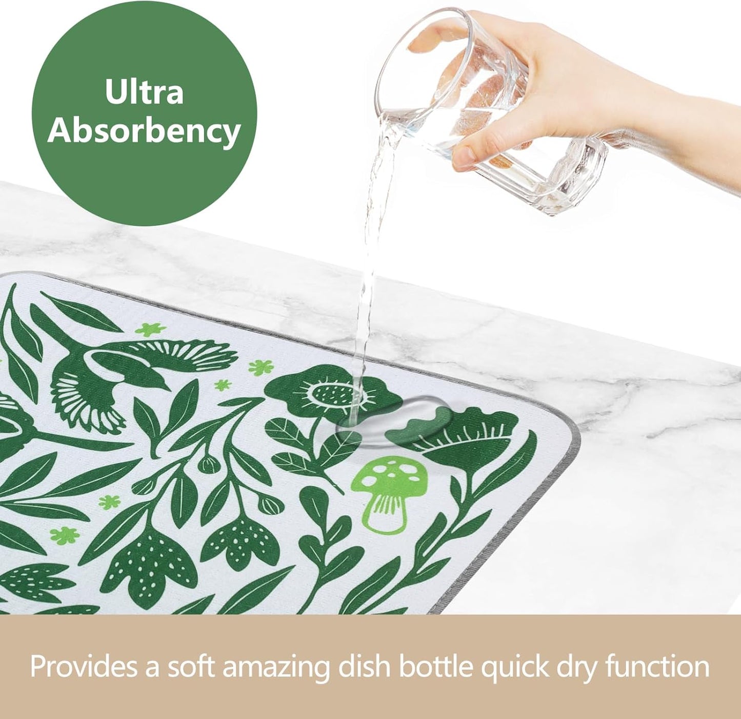 SHIYUE Dish Drying Mat for Kitchen Counter Super Absorbent Spring Kitchen Decor Microfiber Drying Matainers Rack Fast Pad Dish Drainer Mats(Green Flower Bird,16''x18'')