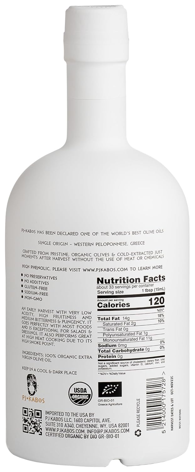 P.J. KABOS 2024/25 Harvest, High Phenolic (500+mg/kg), USDA Organic Greek Extra Virgin Olive Oil, Kosher, Greece, Cold Extracted, 6 x 16.9 oz, Koroneiki, "Family Reserve Organic -Medium"