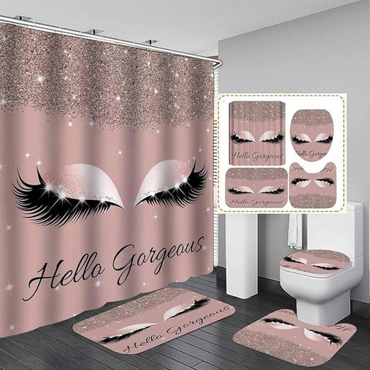 4PCS Hello Gorgeous Shower Curtain Sets with Rugs, Rose Gold Glitter Bling Glam Makeup Diamond Unicorn Eyelash Bathroom Decor, Waterproof Fabric Pink Shower Curtain Girly Gifts for Girls Women