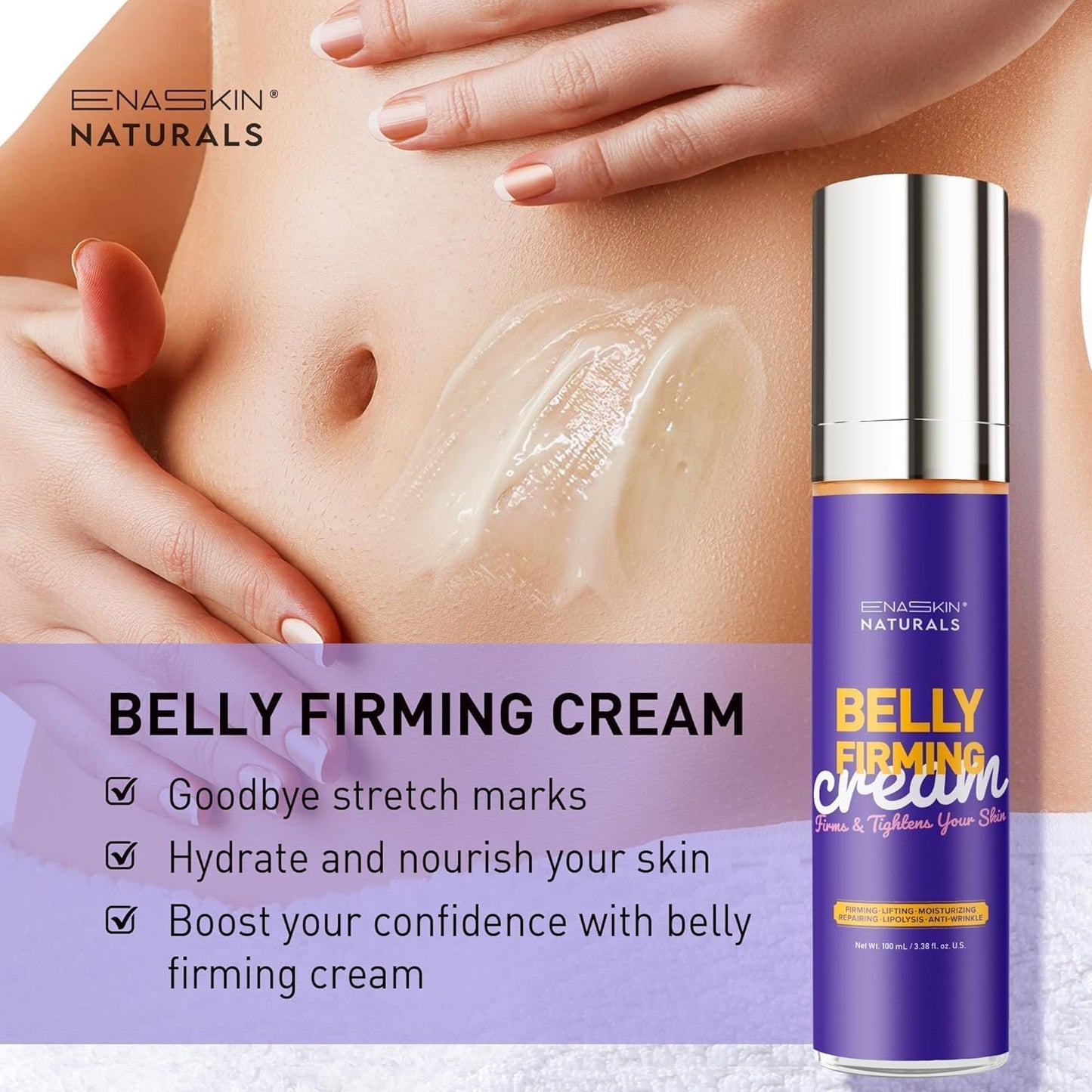 Enaskin Naturals Belly Firming Cream: Hibiscus & Honey Skin Tightening Cellulite Cream - Women Body Lotion for Firmness and Lift of Thighs & Stomach - Tummy Butter Stretch Marks - 120ML