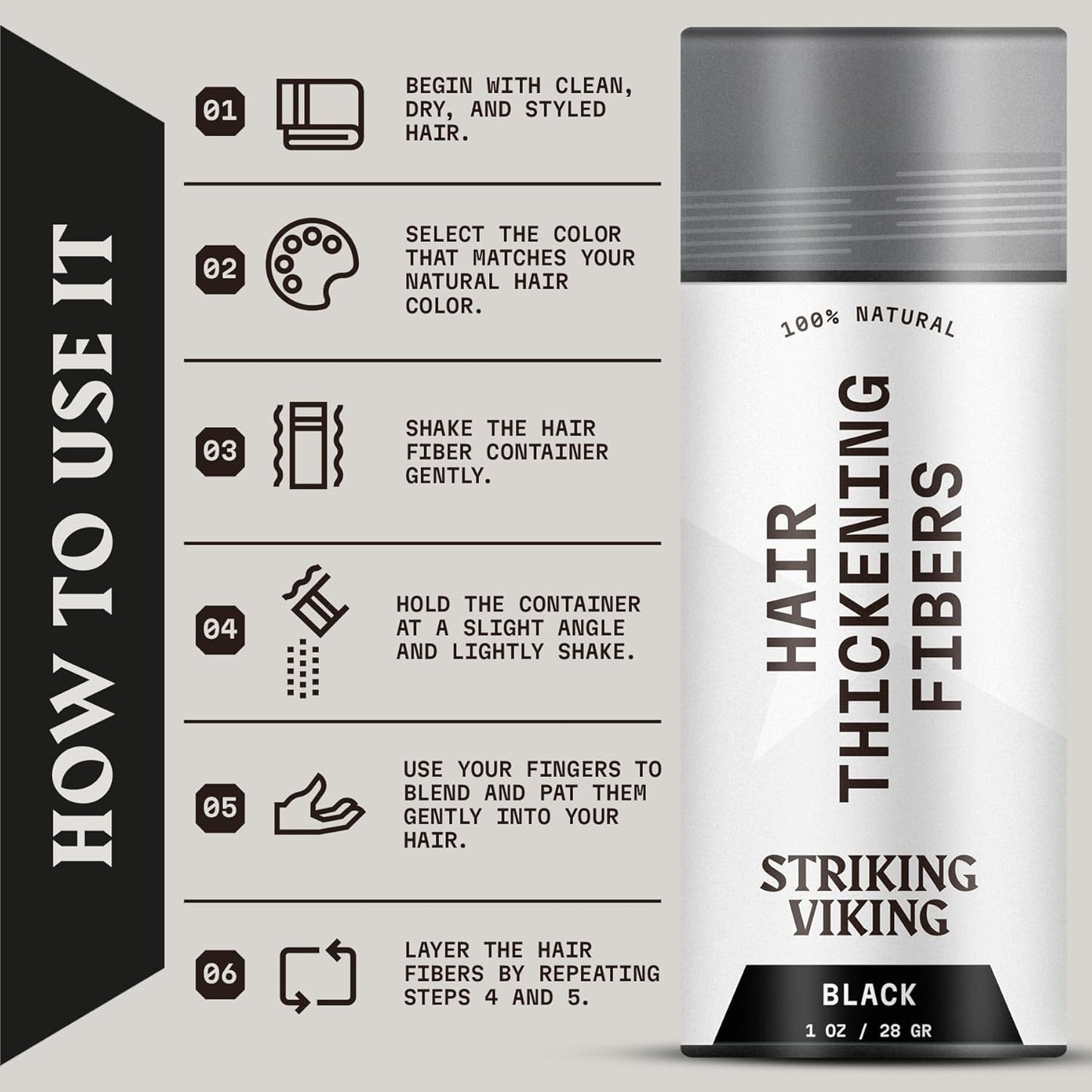 Striking Viking Hair Building Fibers - 28g, Black - Fuller Look Thinning Hair Fibers - Bald Spot Concealer & Barber Enhancement - Clump-Proof Powder & Hold Spray