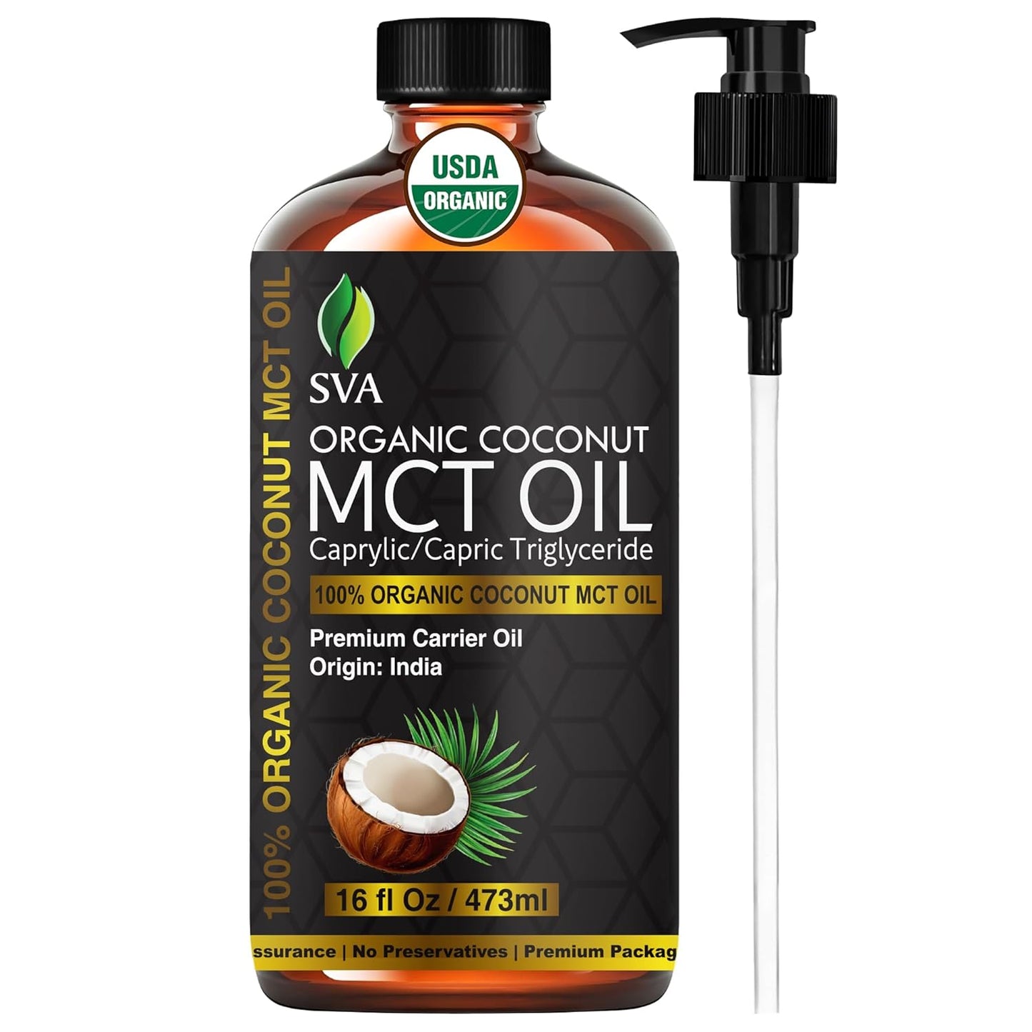 SVA MCT Oil Organic - 16 Fl Oz – 100% Natural Cold Pressed Organic MCT Oil - for Face, Skin Care, Hair Care, Scalp Massage & Body Massage – Carrier Oil
