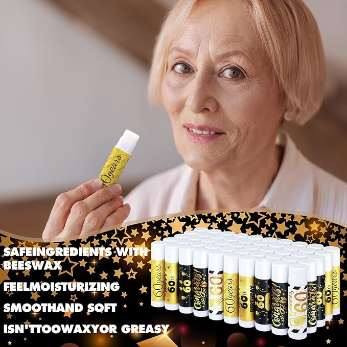 50 Sets 60th Birthday Favors Lip Balm Gifts Bulk Moisturizing Lip Balm with 50 Organza Drawstring Gift Bag 50 Tags 60th Birthday Party Supplies Gifts Bulk for Men and Woman