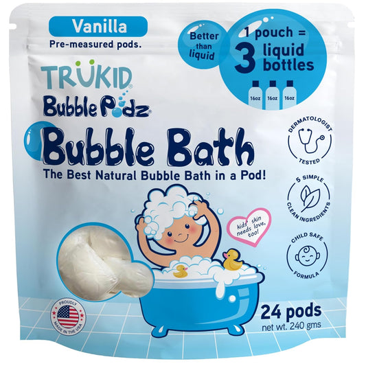 TruKid Bubble Podz Bubble Bath for Kids, Toddlers, & Babies, Tear Free Gentle & Refreshing Bath Bomb for Sensitive Skin with Natural Moisturizers, Non-Toxic, pH Balanced, Vanilla Scent (24 Podz)