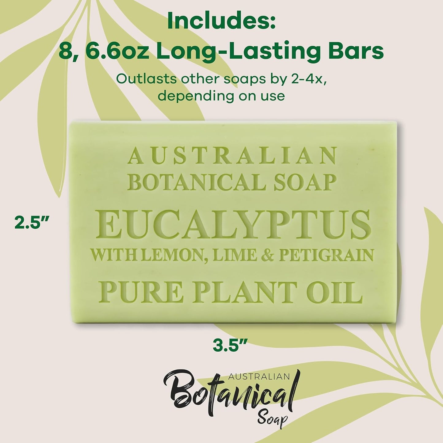 Australian Botanical Soap, 6.6 OZ, Eucalyptus, Lemon, Lime, and Petitgrain, Triple Milled Bars made with a Natural Soap Base and Enriched with Organic Shea Butter, Pack of 8