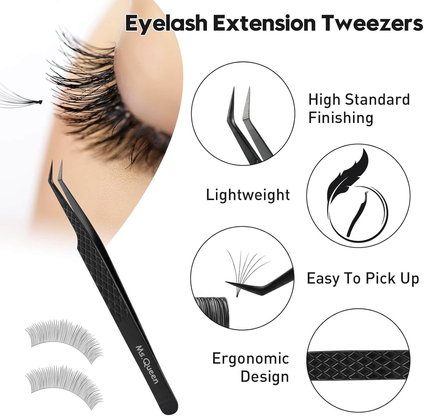 Ms.Queen Lash Extension Tweezers, Professional 45 Degree Fiber Grip Tweezers for Eyelash Extensions,Black