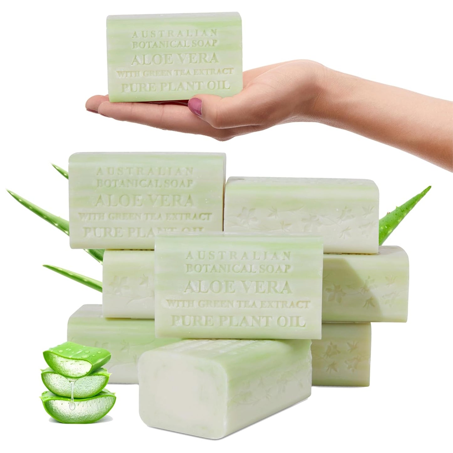 Australian Botanical Soap, 6.6 OZ, Aloe Vera and Green Tea Extract, Triple Milled Bars made with a Natural Soap Base and Enriched with Organic Shea Butter, Pack of 8
