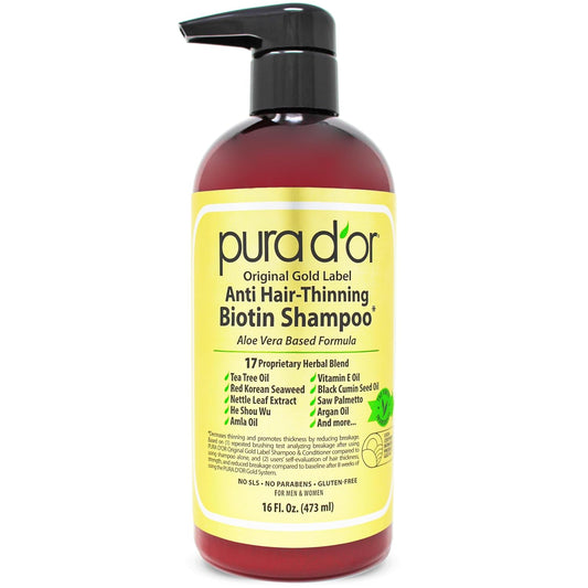PURA D'OR Original Gold Label Anti-Thinning Shampoo Clinically Tested, Infused with Argan Oil, Biotin & Natural Ingredients, Sulfate Free, All Hair Types, Men and Women, 16 Fl Oz (Packaging may vary)