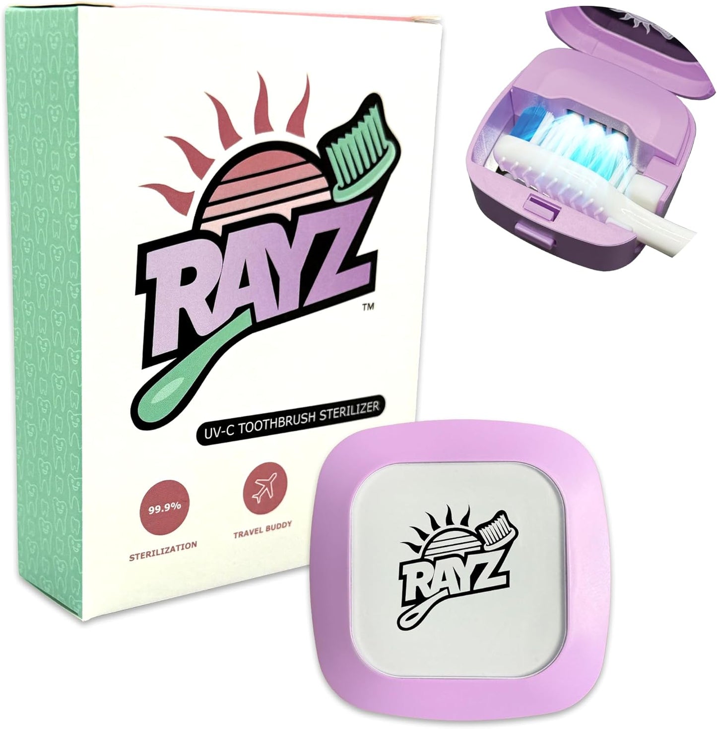 Rayz UV-C Toothbrush Sanitizer | Portable & Rechargeable | 99.9% Sanitization in 3 Minutes | Wall Mountable, Travel-Friendly & TSA-Approved (Lavender)