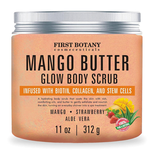 Mango Butter Body Scrub Exfoliator Biotin, Collagen, Stem Cells - Natural Exfoliating Salt Scrub & Body and Face Souffle helps with Moisturizing Skin, Acne, Cellulite, Dead Skin Scars, Wrinkles- 11 oz