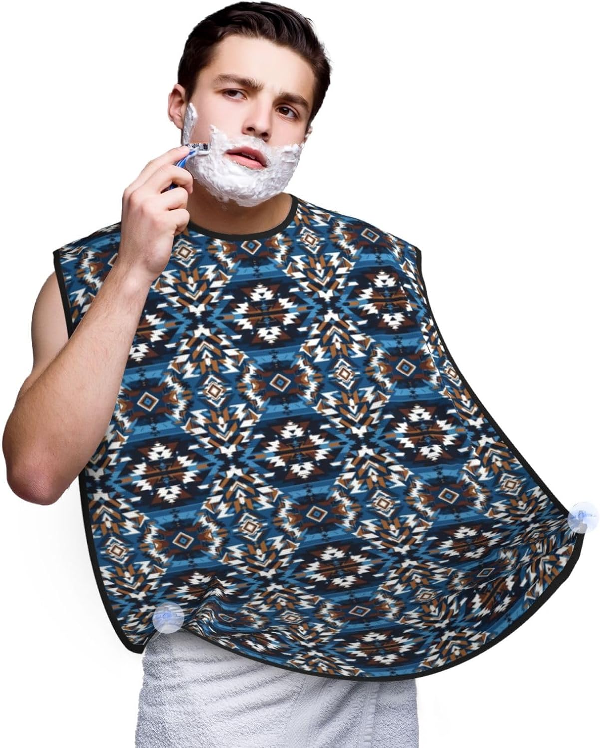 Beard Grooming Cape, Waterproof Hair Catcher for Shaving Trimming, Non-Stick Bib Apron Gifts for Dad Men, Colorful Surf Blue Tribal Navajo Aztec Geometric Ethnic Pattern Shave Bib