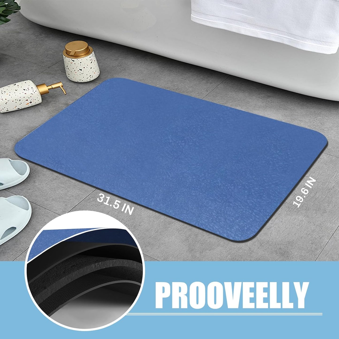 Diatomaceous Earth Bath mat Bathroom Rugs Super Absorbent Quick Dry Non Slip Bath Mat Thin Bathroom Floor Mats Fit Under Door-Shower Rug for in Front of Bathtub Shower, Blue, 15.7"x35.4"