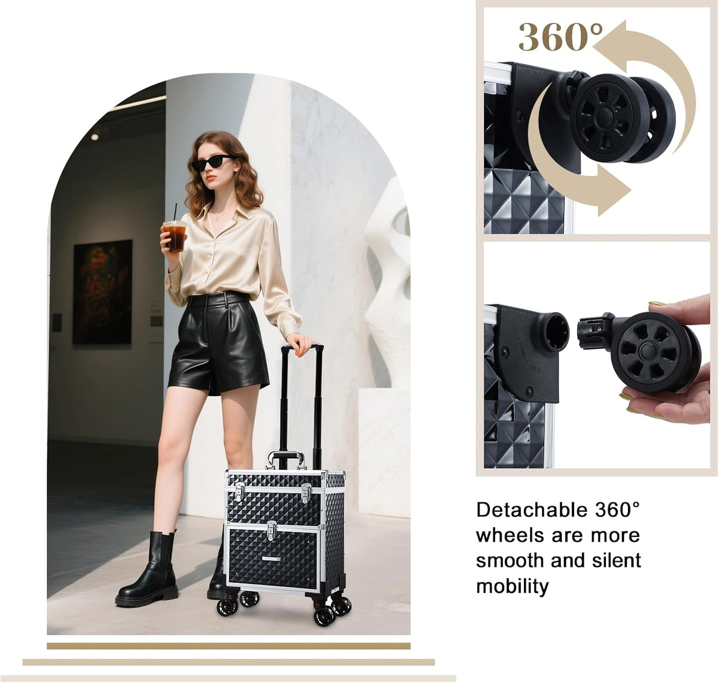 Adazzo Professional Rolling Makeup Case with Drawer for Makeup Artists Cosmetic Train Case Large Storage Case for Nail Technicians Cosmetology Case with Detachable Bag for Hairstylist Black