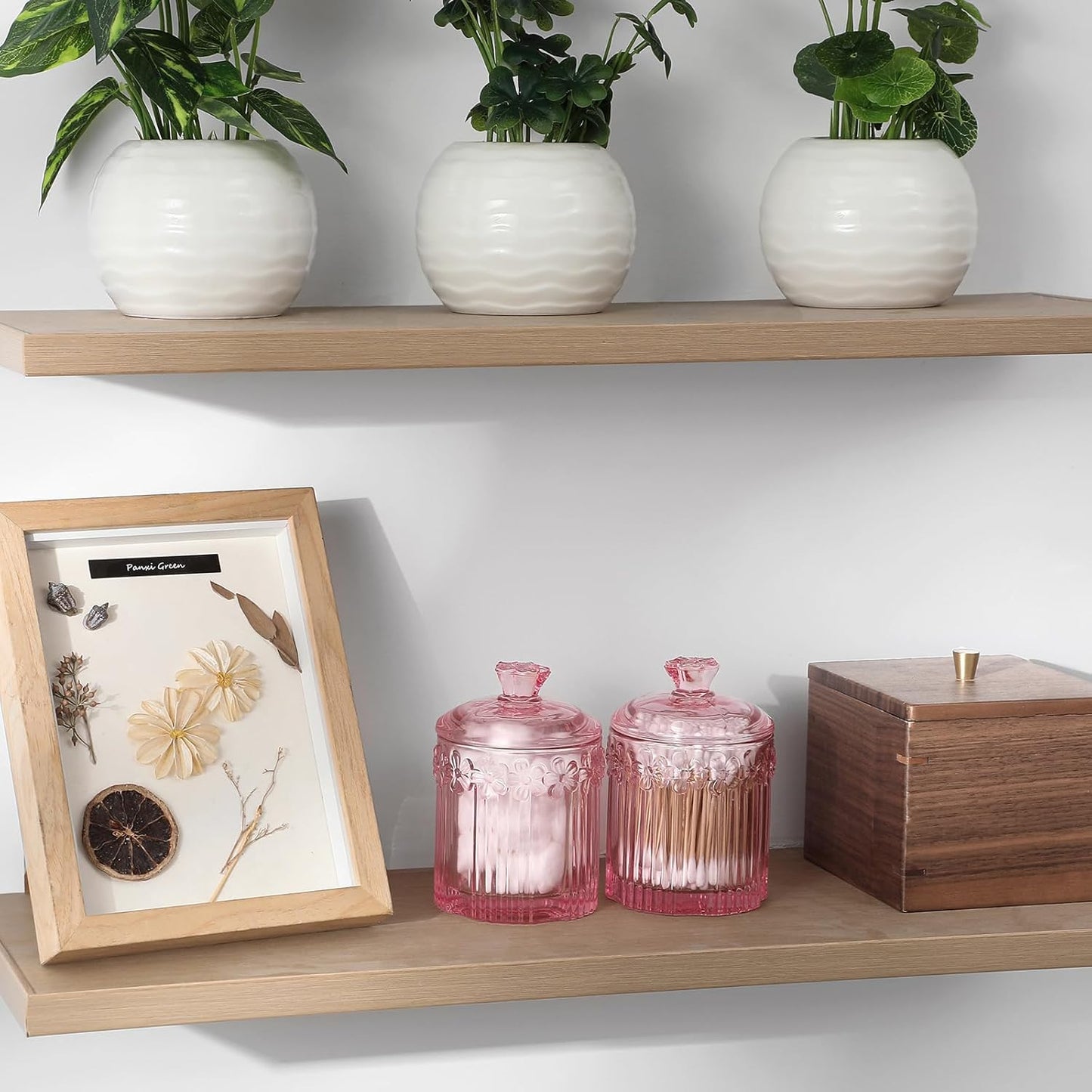 rejomiik 2 Pack Qtip Holder Glass Apothecary Jars with Lids Set Bathroom Canisters Dispenser Organizers and Storage for Cotton Swabs, Balls, Pads, Floss Picks, Candy, Pink