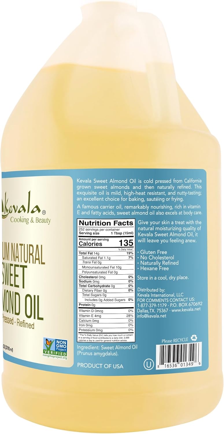 Kevala - Sweet Almond Oil Natural - Almond Oil for Skin and Cooking - Cold Pressed Oil - Premium Natural Oil - 1 Gal - 128 fl oz