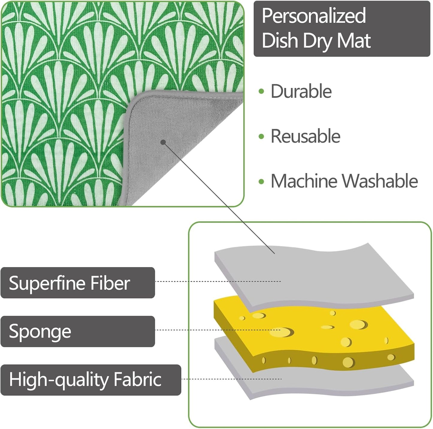 SHIYUE Dish Drying Mat for Kitchen Counter Super Absorbent Spring Kitchen Decor Microfiber Drying Matainers Rack Fast Pad Dish Drainer Mats(Bohe Green Flower,18''x24'')