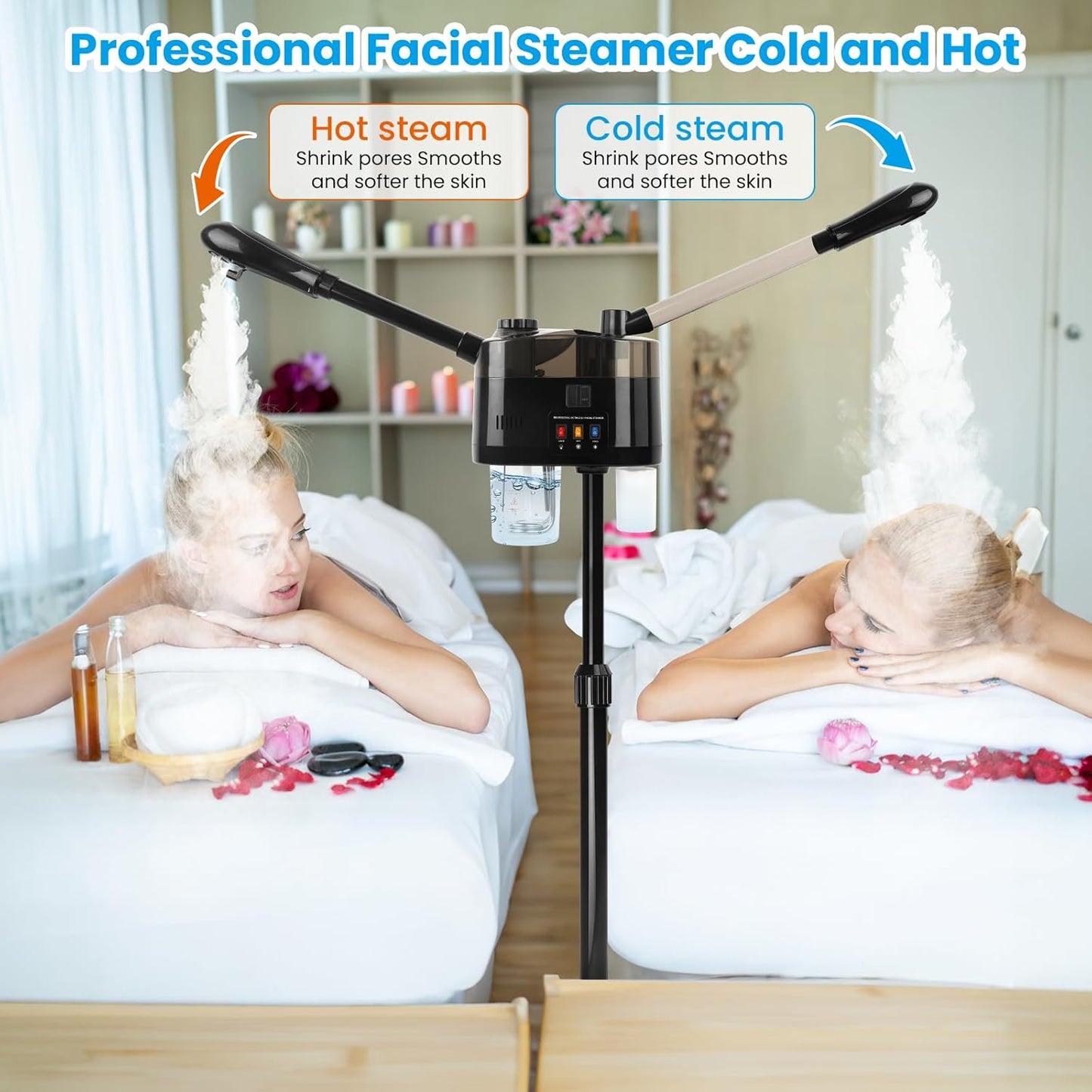 Professional Facial Steamer, 2 in 1 Hot&Cold Mist Facial Steamer, Facial Humidifier on Wheels, Esthetician Steamer for Facial Deep Cleaning and Moisturize, Suitable for Spa, Salon and at Home Use