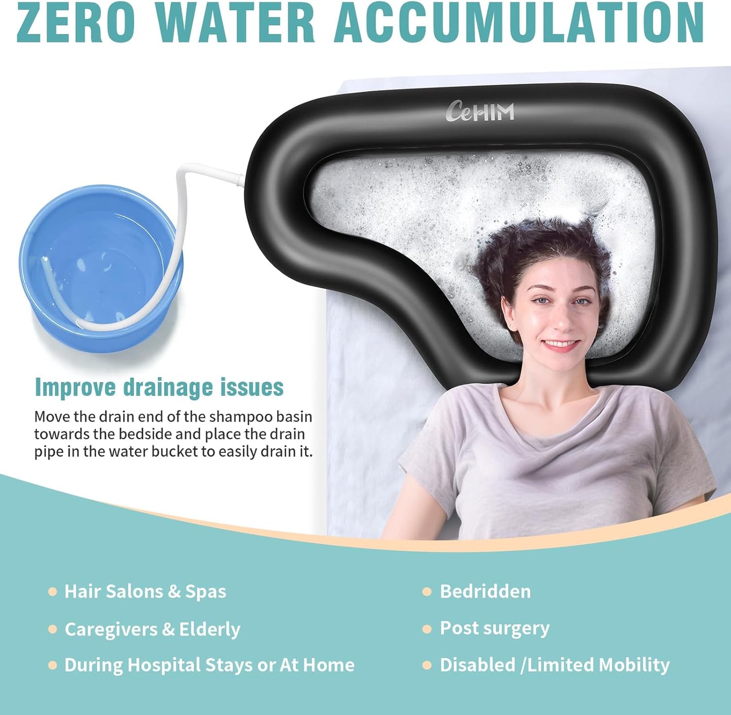 Portable Inflatable Shampoo Basin for Bedridden and Kids - Hair Washing Tray for Sink at Home with Fast-Drain Slope, Neck Support and Drain Hose - Hospital PVC Hair Washing Station (Black, Large)