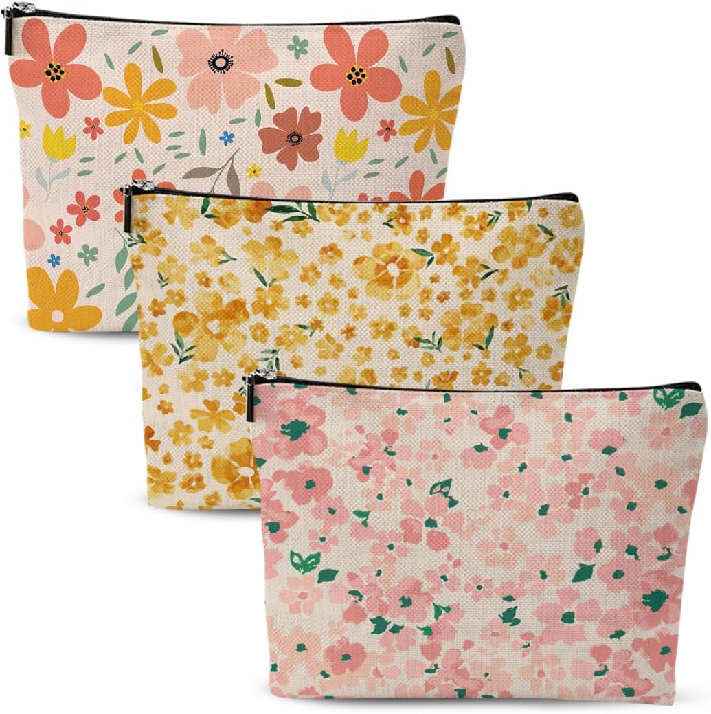 3pcs Colorful Flower Makeup Bag, Retro Botanical Flower Cosmetic Bag, Christmas Wedding Anniversary Birthday Friendship Gifts for Women Girls Best Friends Sister Bestie Grandma Travel Toiletry Bag