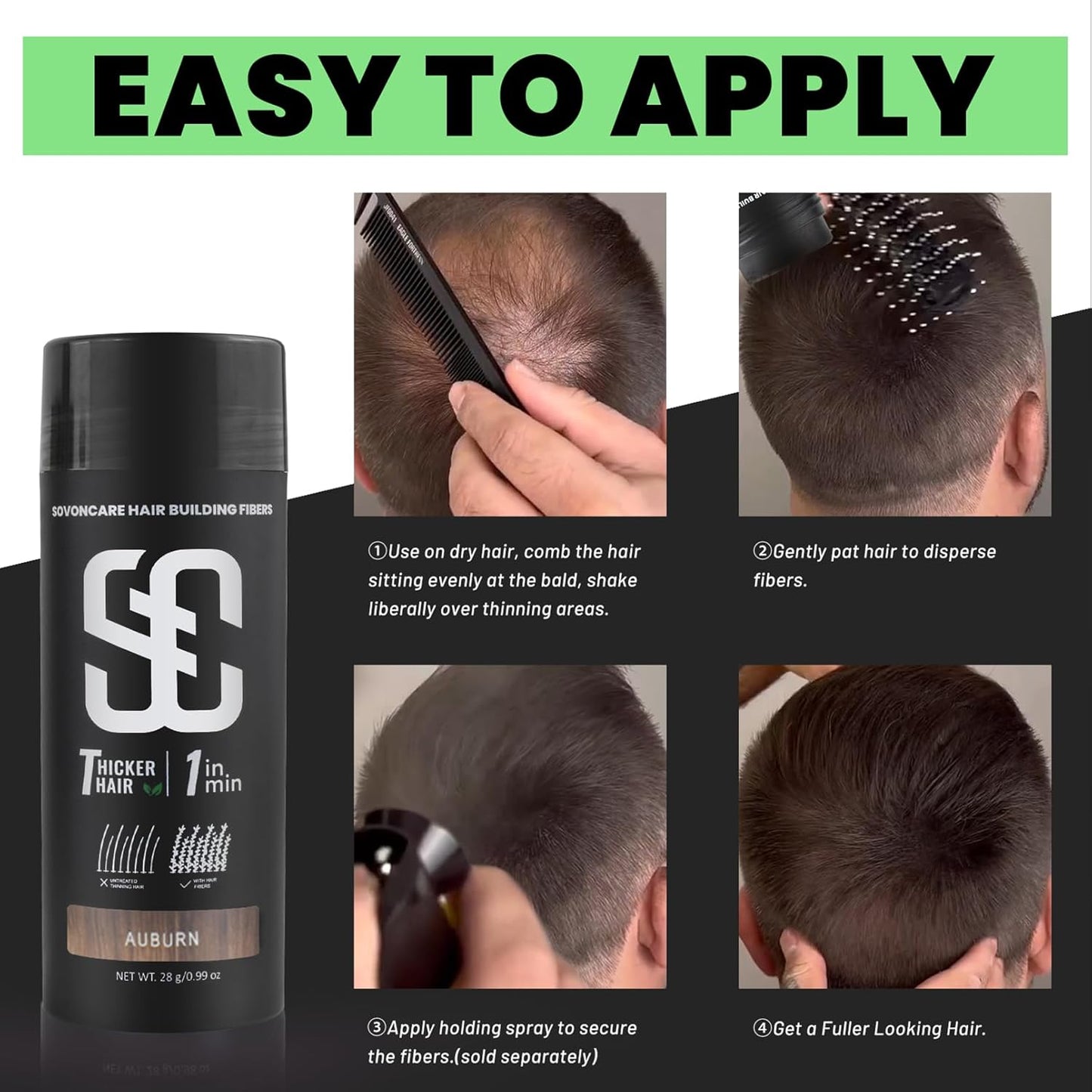 SOVONCARE Hair Fibers for Thinning Hair Auburn, Hair Building Fibers for Bald Spots Undetectable & Natural, Conceals Hair Loss Fill In Fine, Hair Powder Hair Thicker Instantly for Women & Men 28g