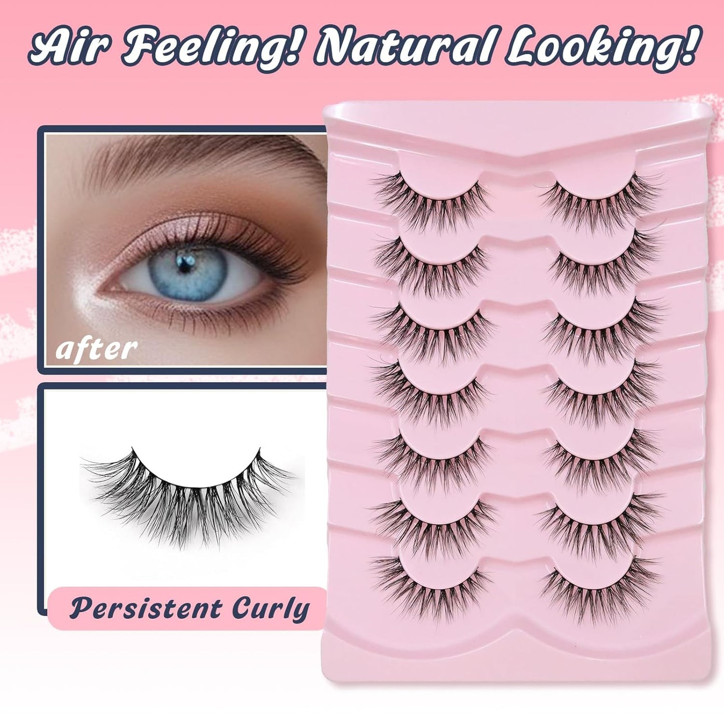 Natural Lashes Cateye False Eyelashes Wispy 12mm Cat Eyelashes Short Lash Pack for Small Eyes Eyelash with 0.1MM Thin Cotton Band 3D Volume Fake Eyelashes Siligli Soft Strip Lashes 7 Pairs