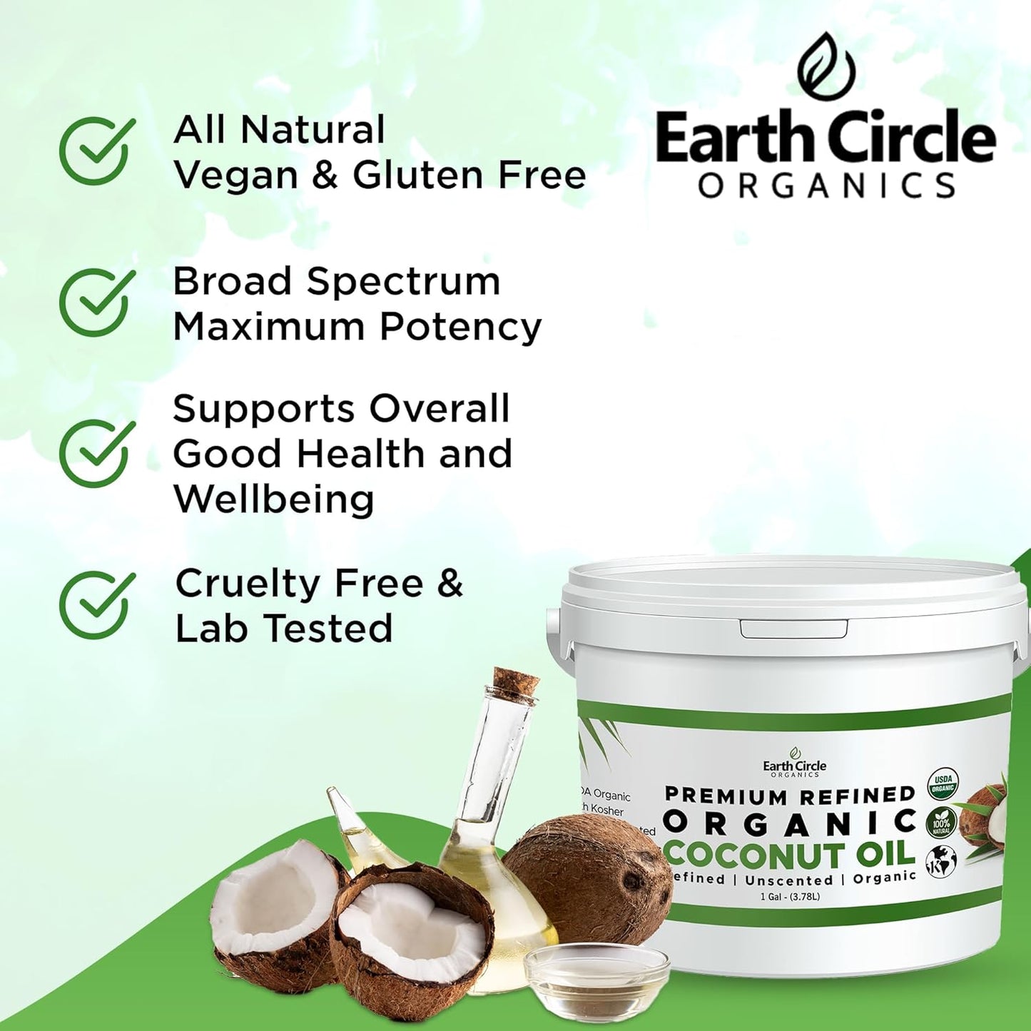 Earth Circle Organics Refined Coconut Oil - Ultra Premium Steam Refined, Keto & Paleo Friendly, Zero Coconut taste or smell - For Skin & Hair Care, Cooking, Deep Frying, Baking & More - Bulk 1 Gallon