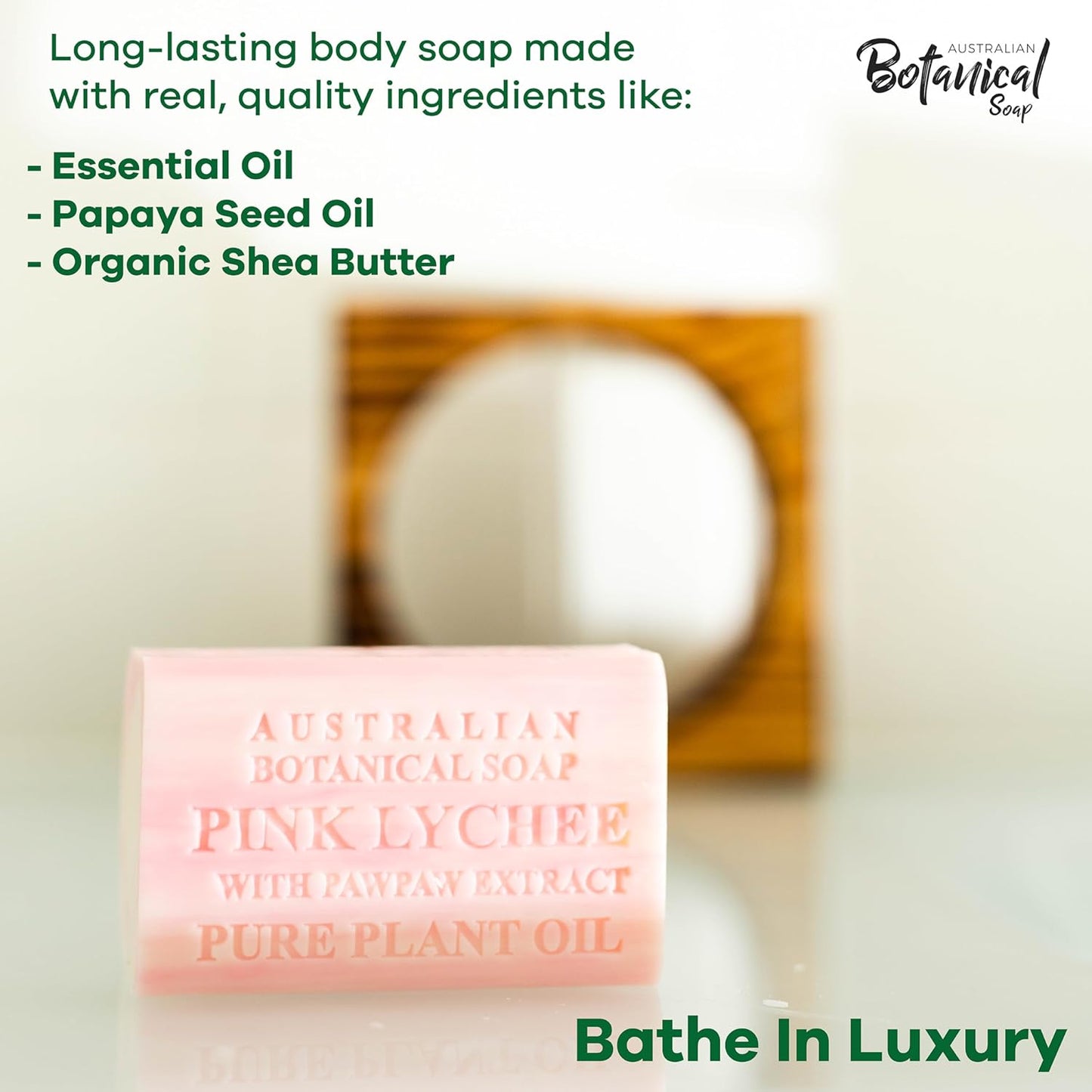 Australian Botanical Soap, 6.6 OZ, Pink Lychee and Pawpaw Extract, Triple Milled Bars made with a Natural Soap Base and Enriched with Organic Shea Butter, Pack of 8