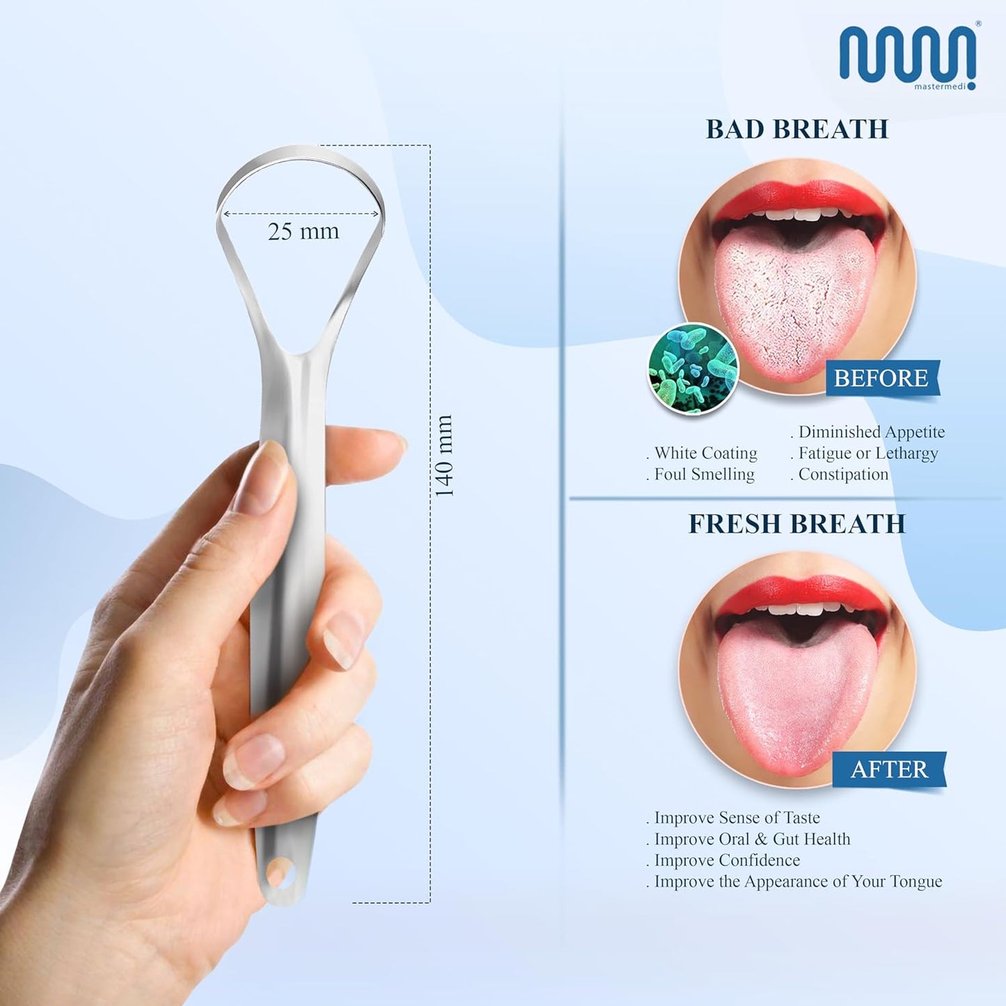 MasterMedi Tongue Scraper for Adults, 100% Stainless Steel for Bad Breath, Easy to Use, Tongue Cleaner for Oral Care (Pack of 3 with 1 Case)