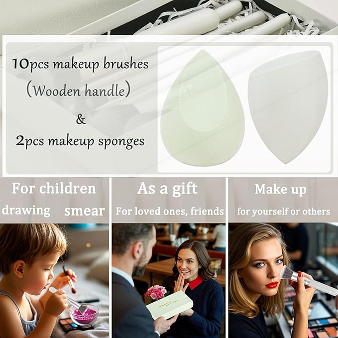 Gift Ready 10 Piece grayish green Makeup Brushs Set and 2 Piece Makeup Sponge – Wooden Handle with Soft Synthetic Bristles, Concealer, Powder – (Ideal for Christmas, Birthday, Women)