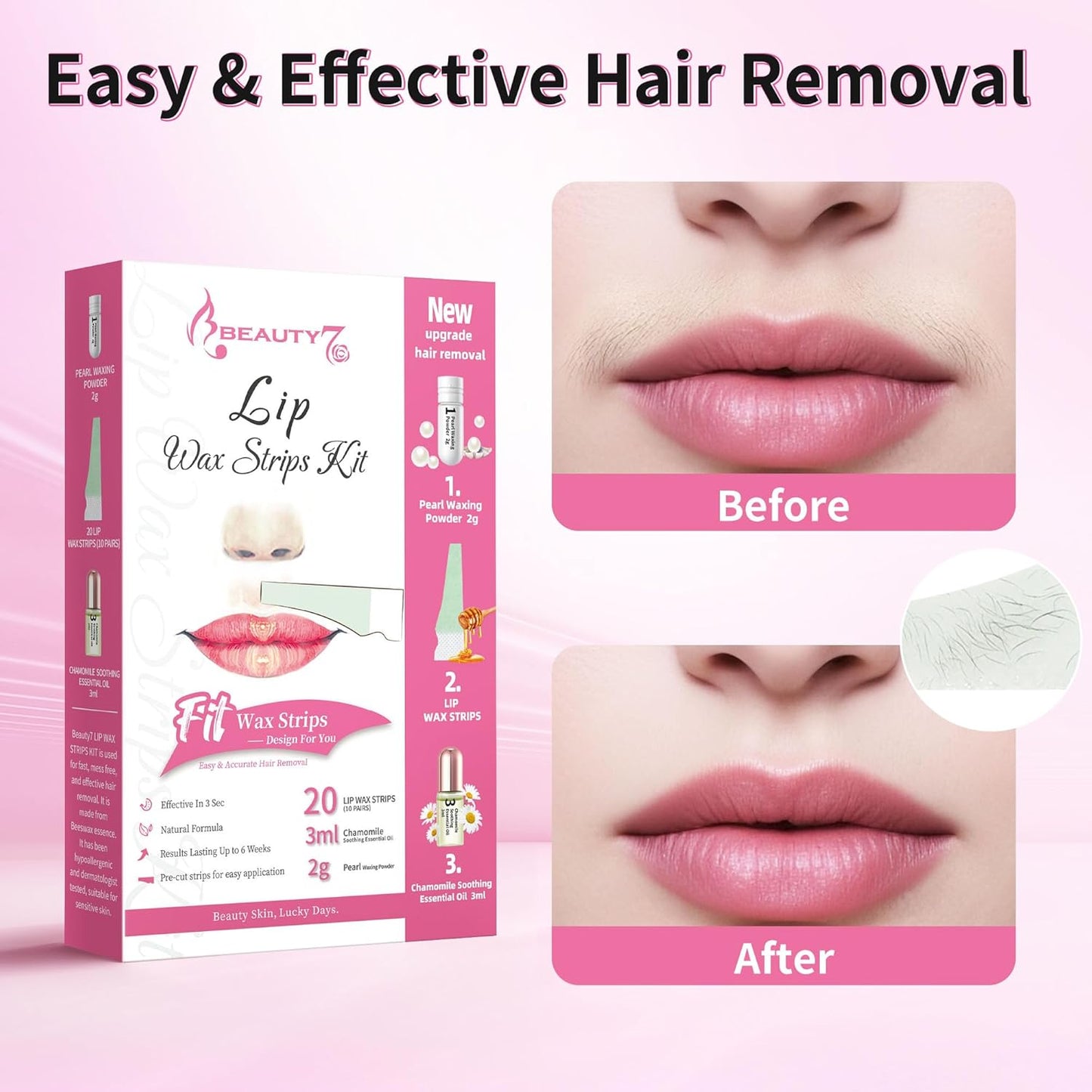 Beauty7 Lip Wax Strips Facial Wax Strips Hair Removal Wax Strips for Sensitive All Skin Types Women 20 pcs with Pearl Powder Essential Oil