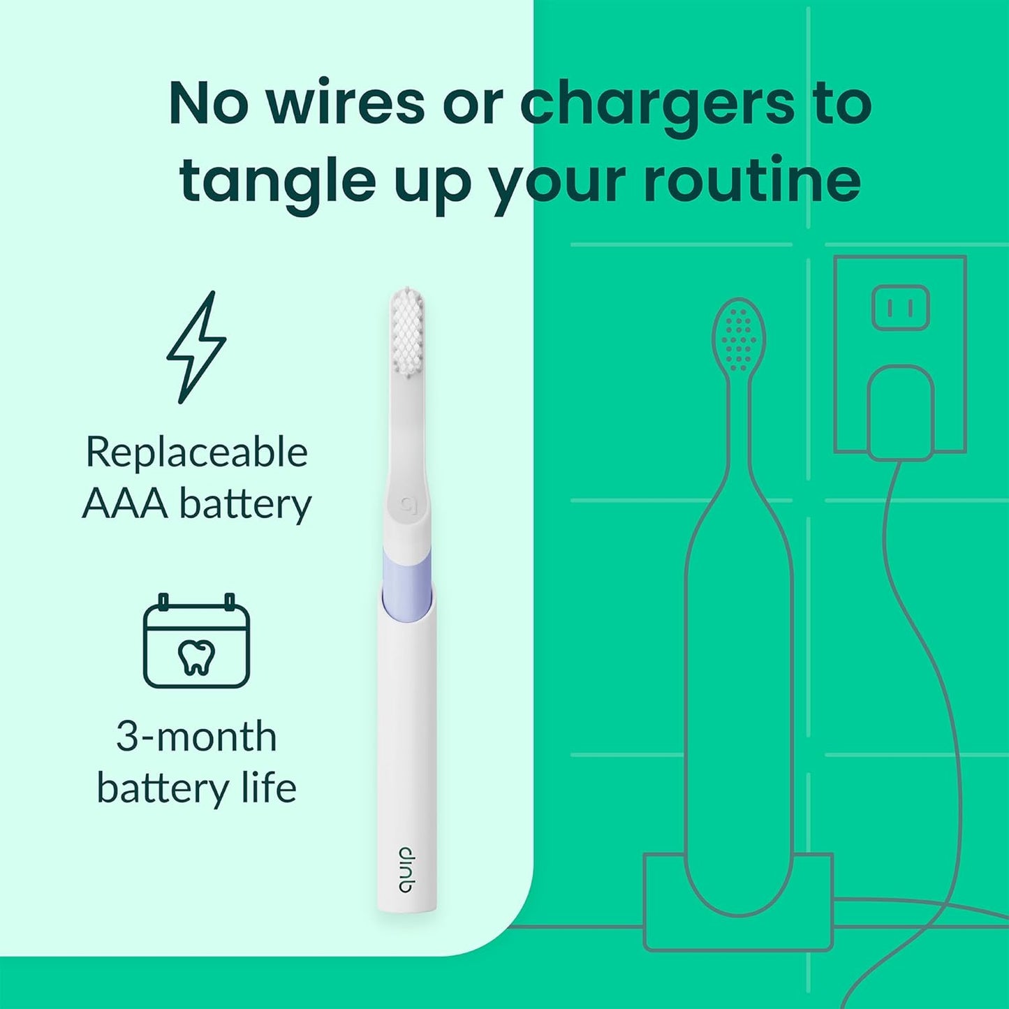 Quip Plastic Sonic Electric Toothbrush for Adults - Time Travel & Soft Bristles with Travel Case & Replacement Brush Head - 3 Month Battery Life - Lavender