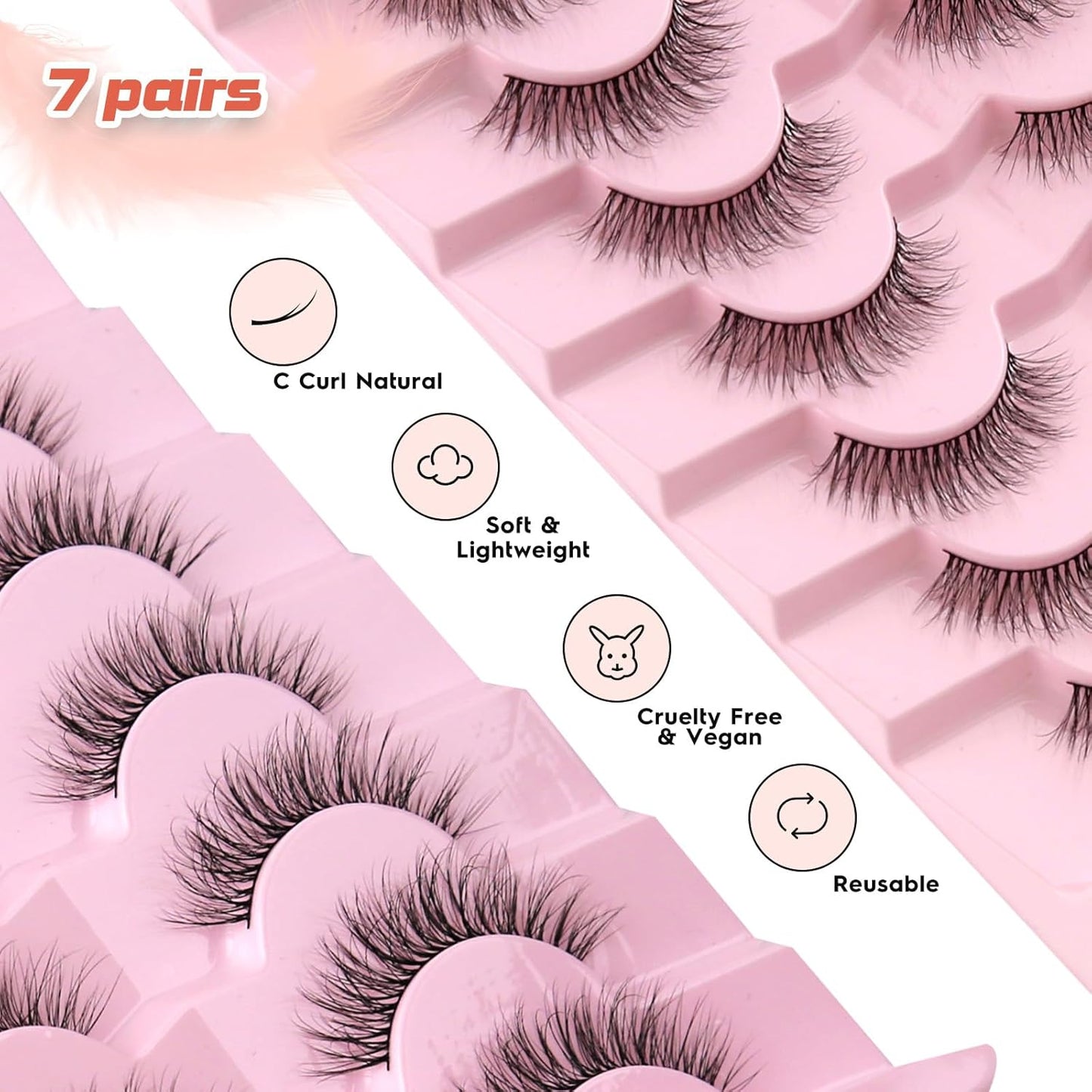 Natural Lashes Eyelashes Wispy 12mm False Lashes Soft Strip Lashes 3D Volume Eyelashes Thin Cotton Band Natural Eye Lashes C Curl Eyelash Siligli Lash Pack 7 Pair