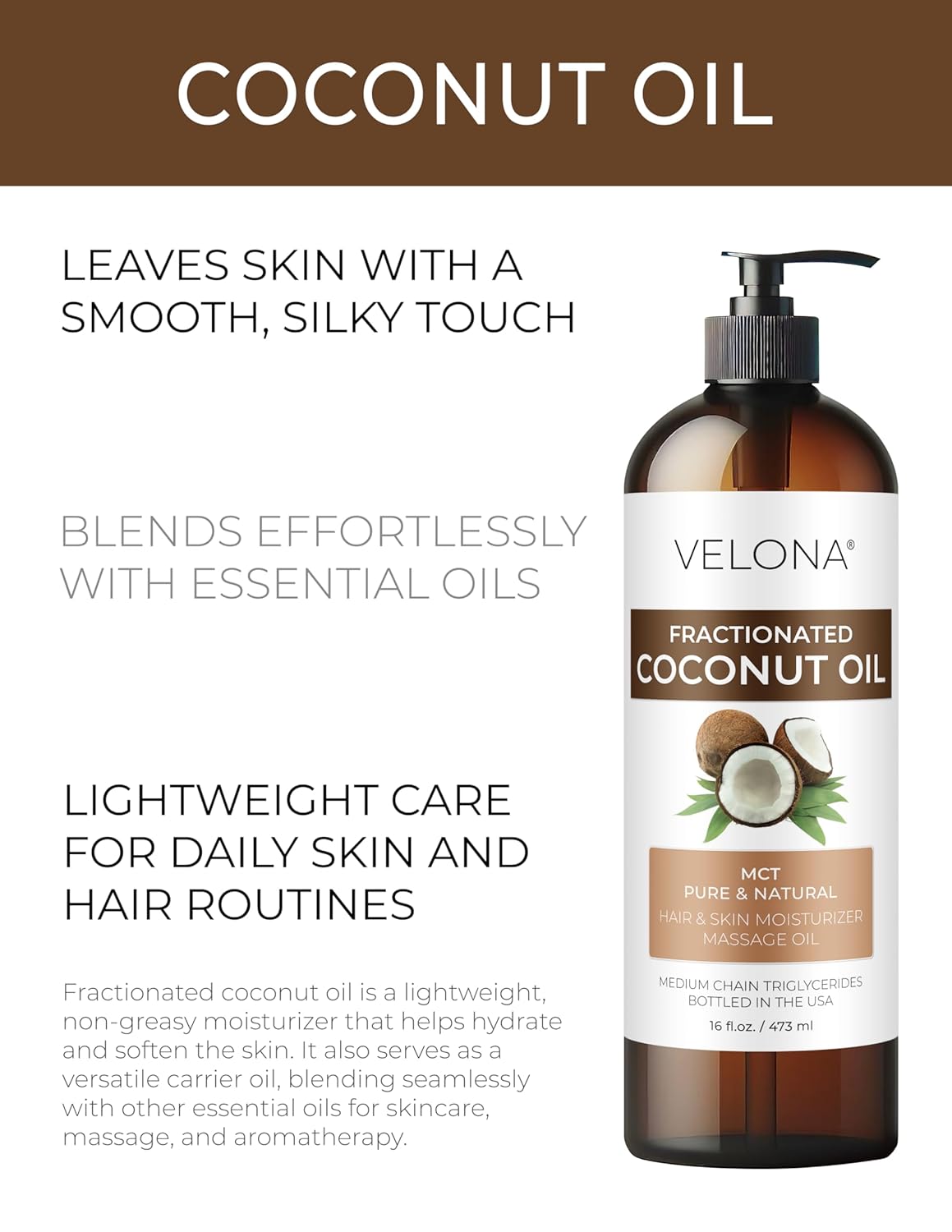 velona MCT Coconut Oil - 32 Fl Oz | 100% Pure and Natural Carrier Oil | Fractionated | Skin, Face, Body, Hair Care | Use Today - Enjoy Results
