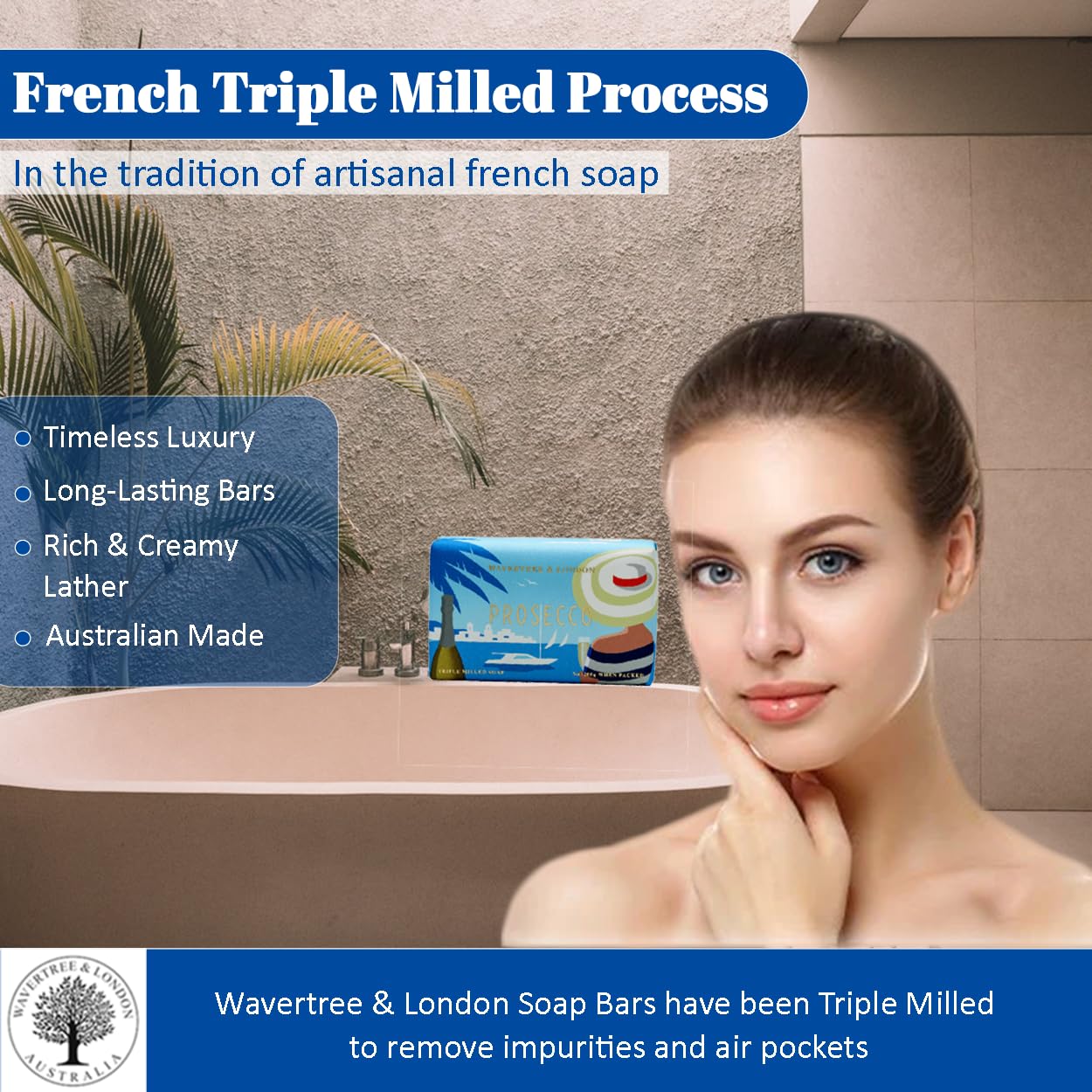 Wavertree & London Prosecco Scented Natural Soap (8 Bars), 7oz Moisturizing French Triple Milled Soap Bars enriched with shea butter - Pure Plant Oil Bath & Body Bars for All Skin Types