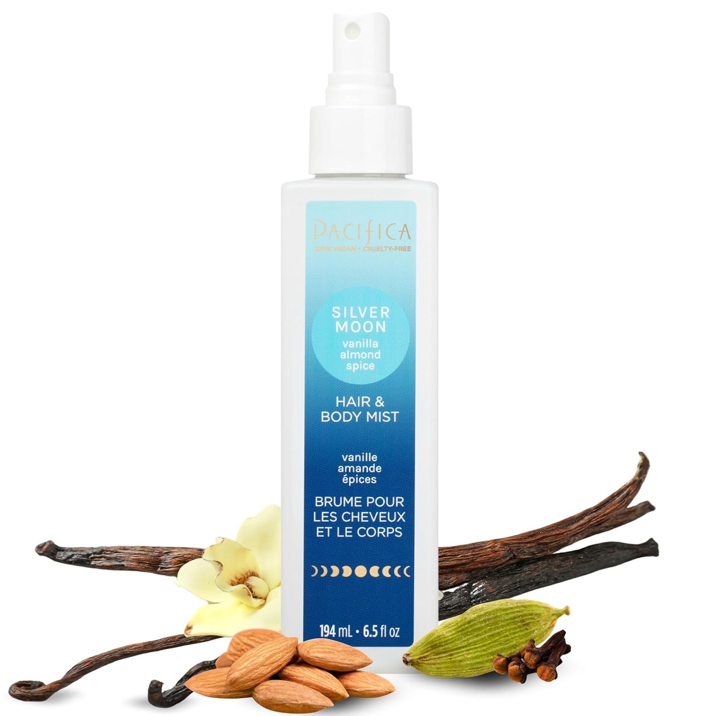 Pacifica Hair Perfume & Body Fragrance Spray Mist - Silver Moon with Vanilla, Almond & Spice – Alcohol-Free, Vegan & Cruelty-Free, 6.5 oz