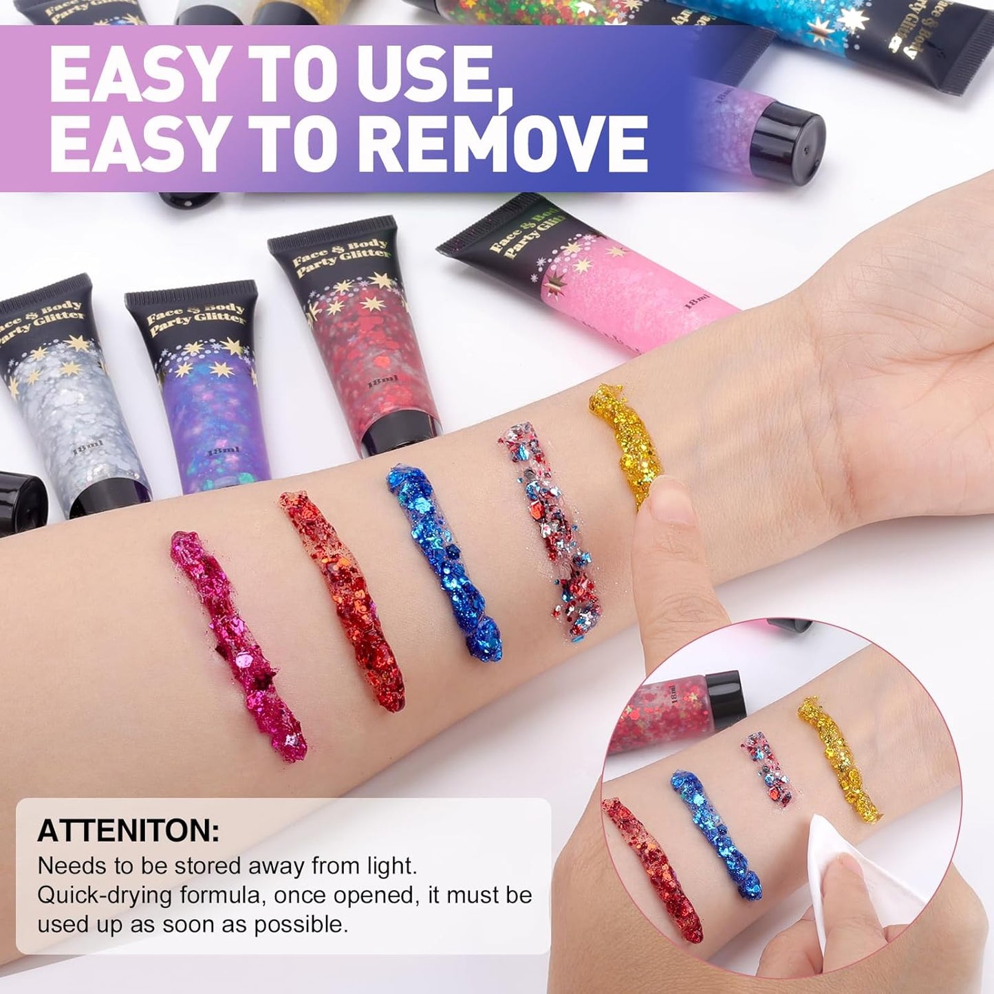 AROIC 14 Colors Body Glitter, Face & Hair Glitter Gel Set for Festival, Eye Shimmer for Women Glow in The Dark Rave Accessories Party Supplies, Face Paint Hair/Cheek/Eyelid Sparkle Makeup(18ml/Tube)