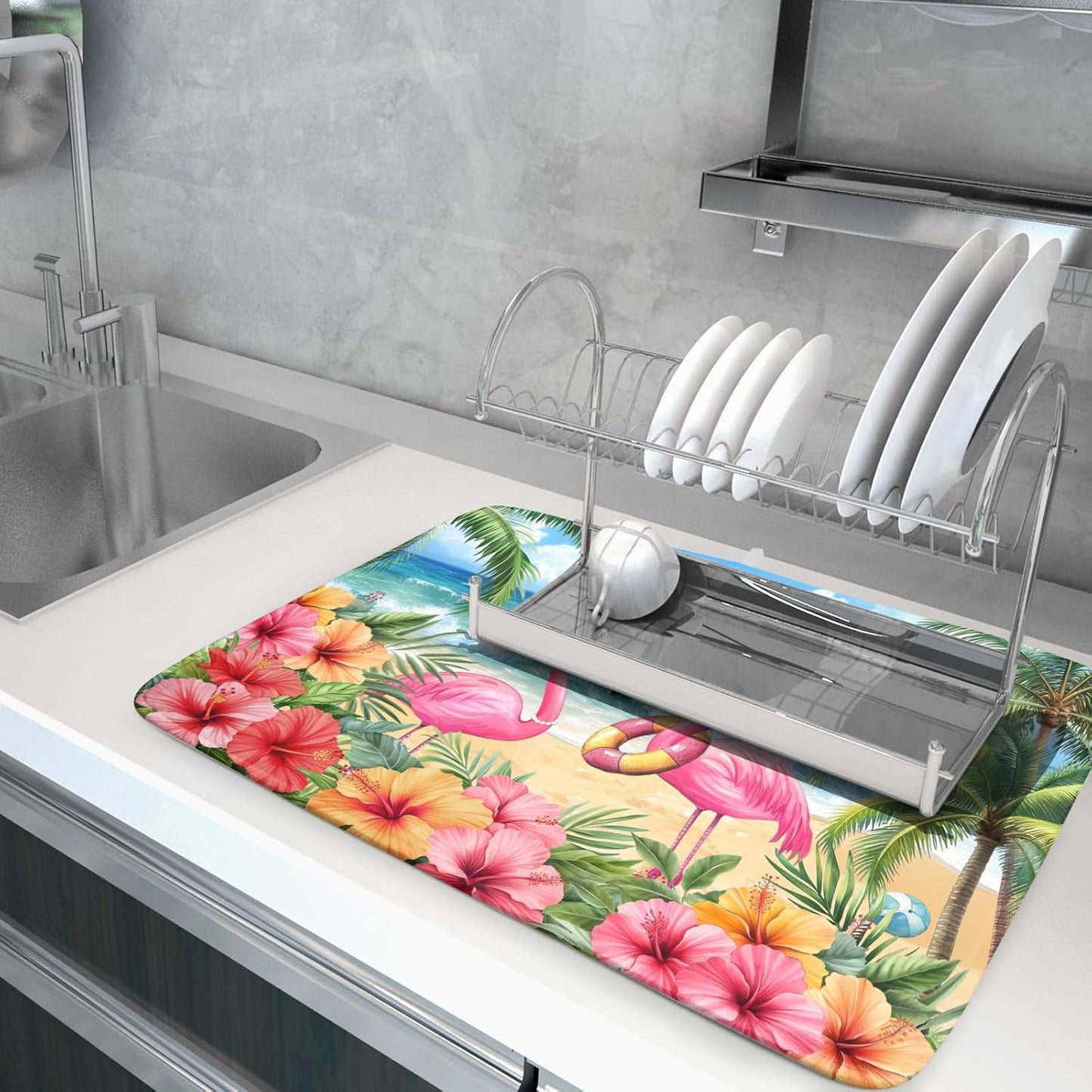 Summer Flamingos Dish Drying Mat 18x24 inch Tropical Beach Microfiber Washable Dish Rack Mats Drainer Pad for Counter Kitchen Table Decor