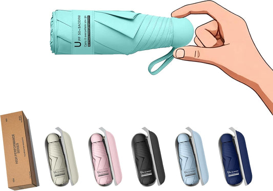 BAODINI Travel Essentials Mini Umbrella for Purse With Case Small Compact UV Sun Protection Lightweight Tiny Pocket Manual Open Close Umbrella for Women Kids and Men Fit Purse Backpack