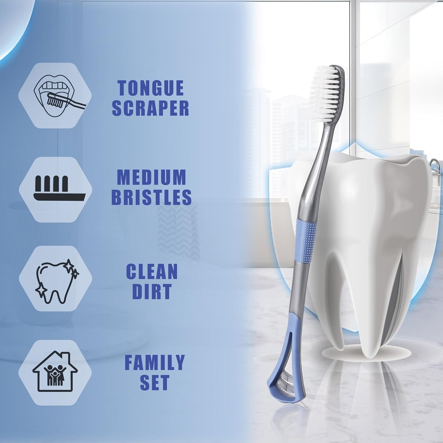 2IN1 Toothbrush Medium with Tongue Scraper, Medium Toothbrushes for Adults, Travel Toothbrushes with Ergonomic Handle, Assorted Colors, 6 Pack