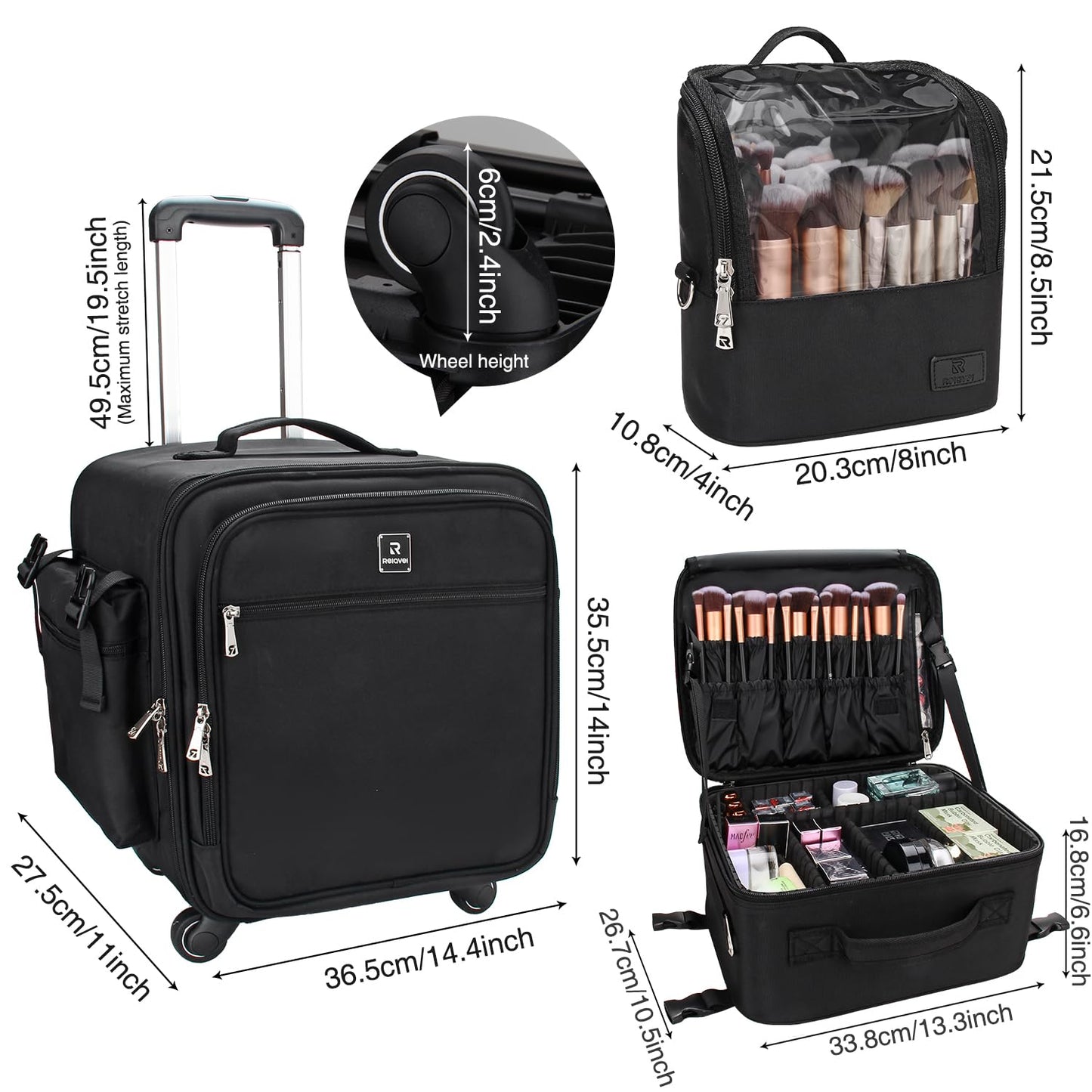 Relavel Rolling Makeup Case Professional Makeup Train Case Makeup Artist Travel Organizer 4 in 1 with Detachable Cosmetic Case and Dual Makeup Brush Case and Wheels (Black, 4-Pack)
